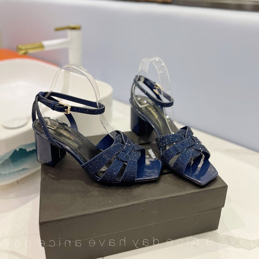 SL TRIBUTE CRYSTAL SANDALS GLOSSY NAVY CALFSKIN - 34
