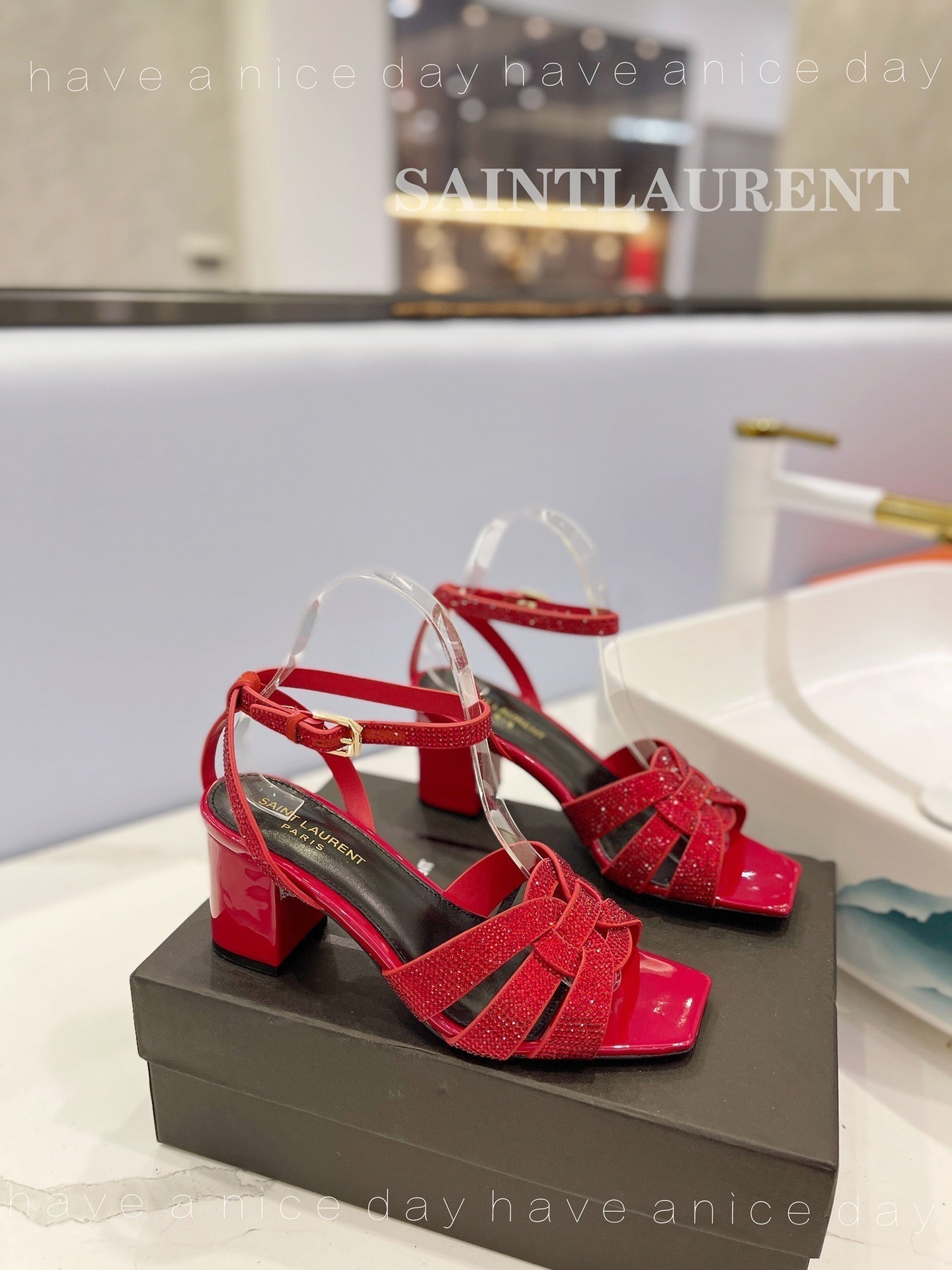 SL TRIBUTE CRYSTAL SANDALS GLOSSY RED CALFSKIN - 34