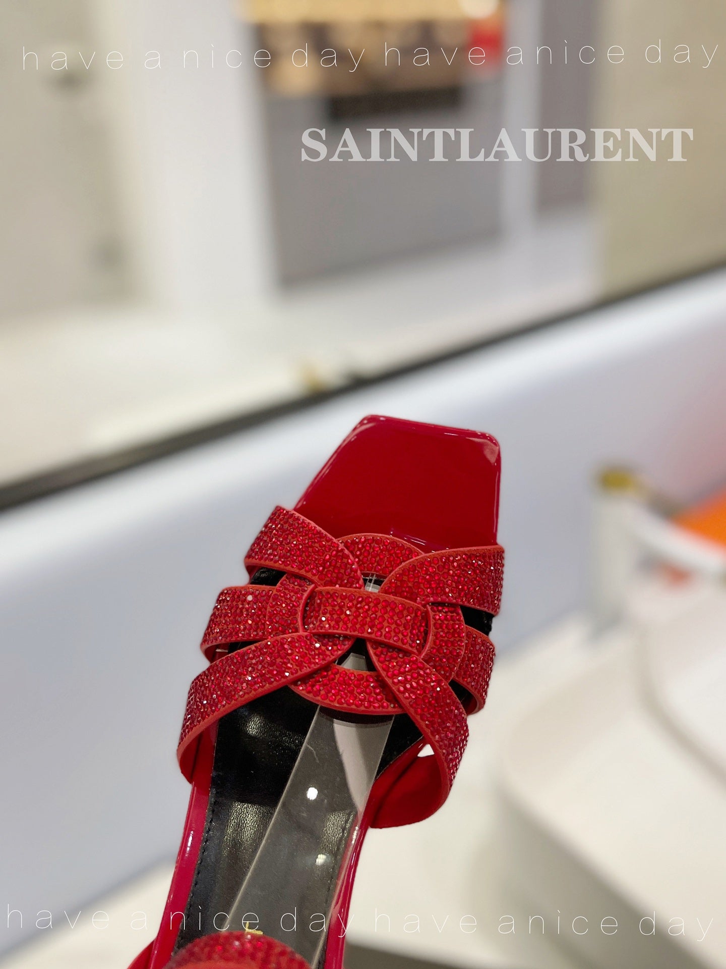 SL TRIBUTE CRYSTAL SANDALS GLOSSY RED CALFSKIN - 34