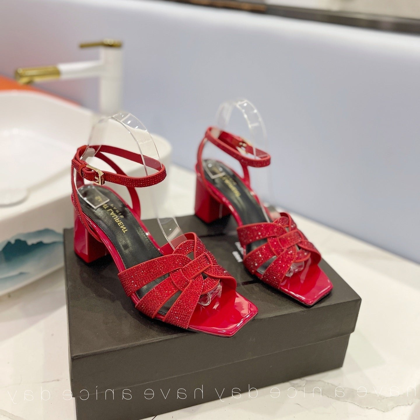 SL TRIBUTE CRYSTAL SANDALS GLOSSY RED CALFSKIN - 34