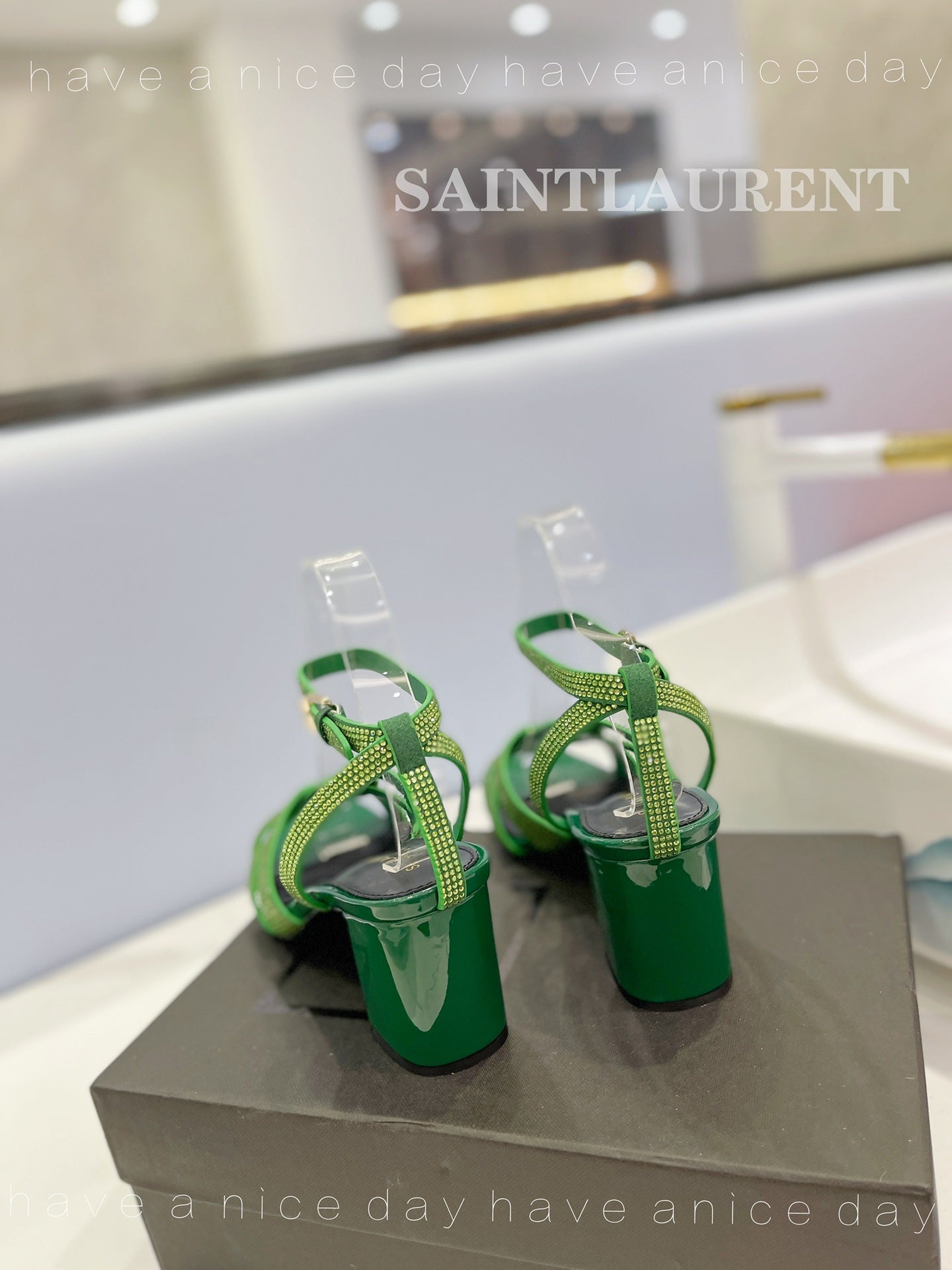 SL TRIBUTE CRYSTAL SANDALS DARK GREEN CALFSKIN - 34