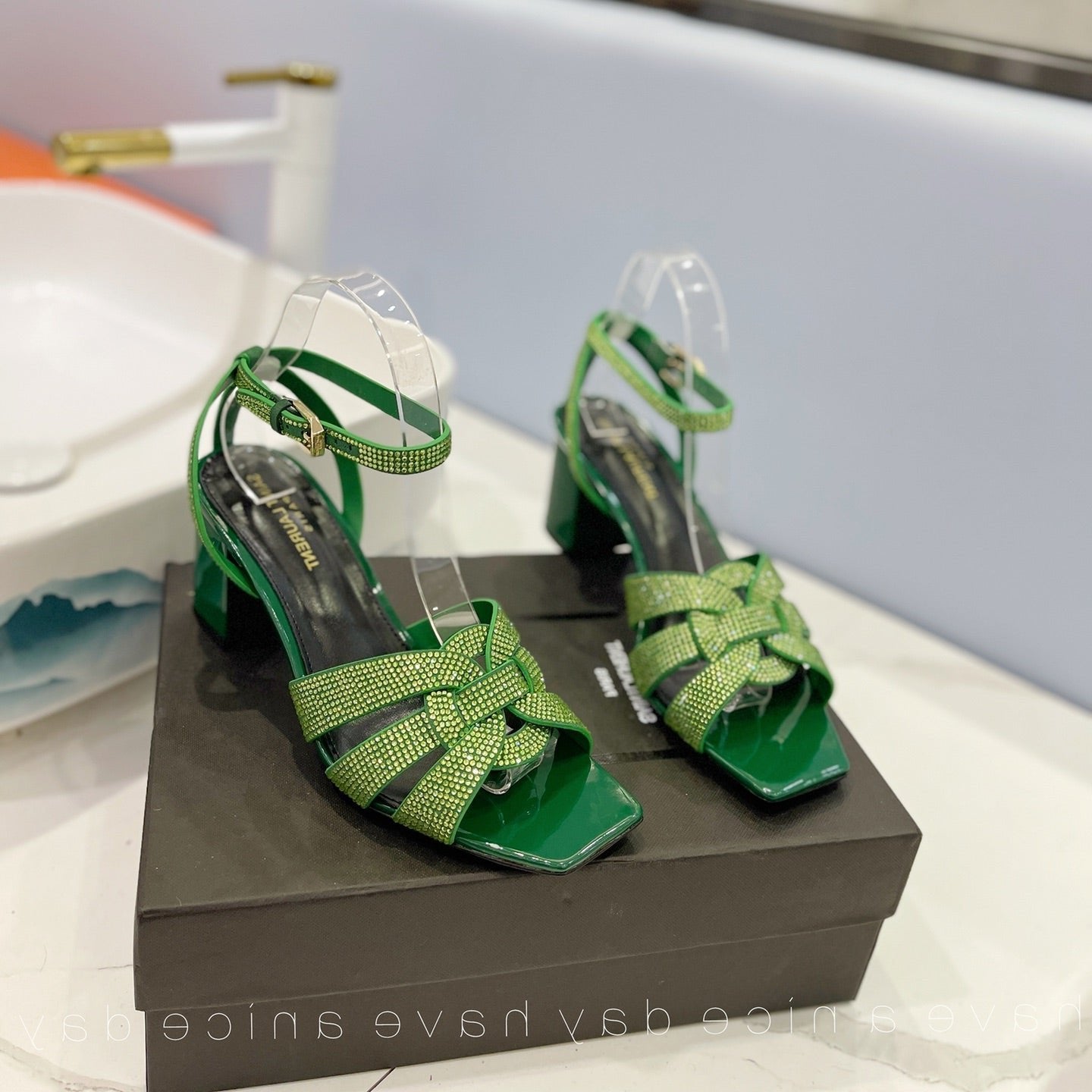 SL TRIBUTE CRYSTAL SANDALS DARK GREEN CALFSKIN - 34
