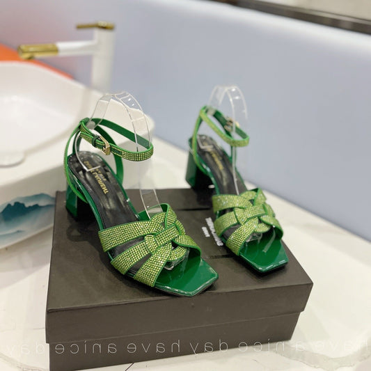 SL TRIBUTE CRYSTAL SANDALS DARK GREEN CALFSKIN - 34