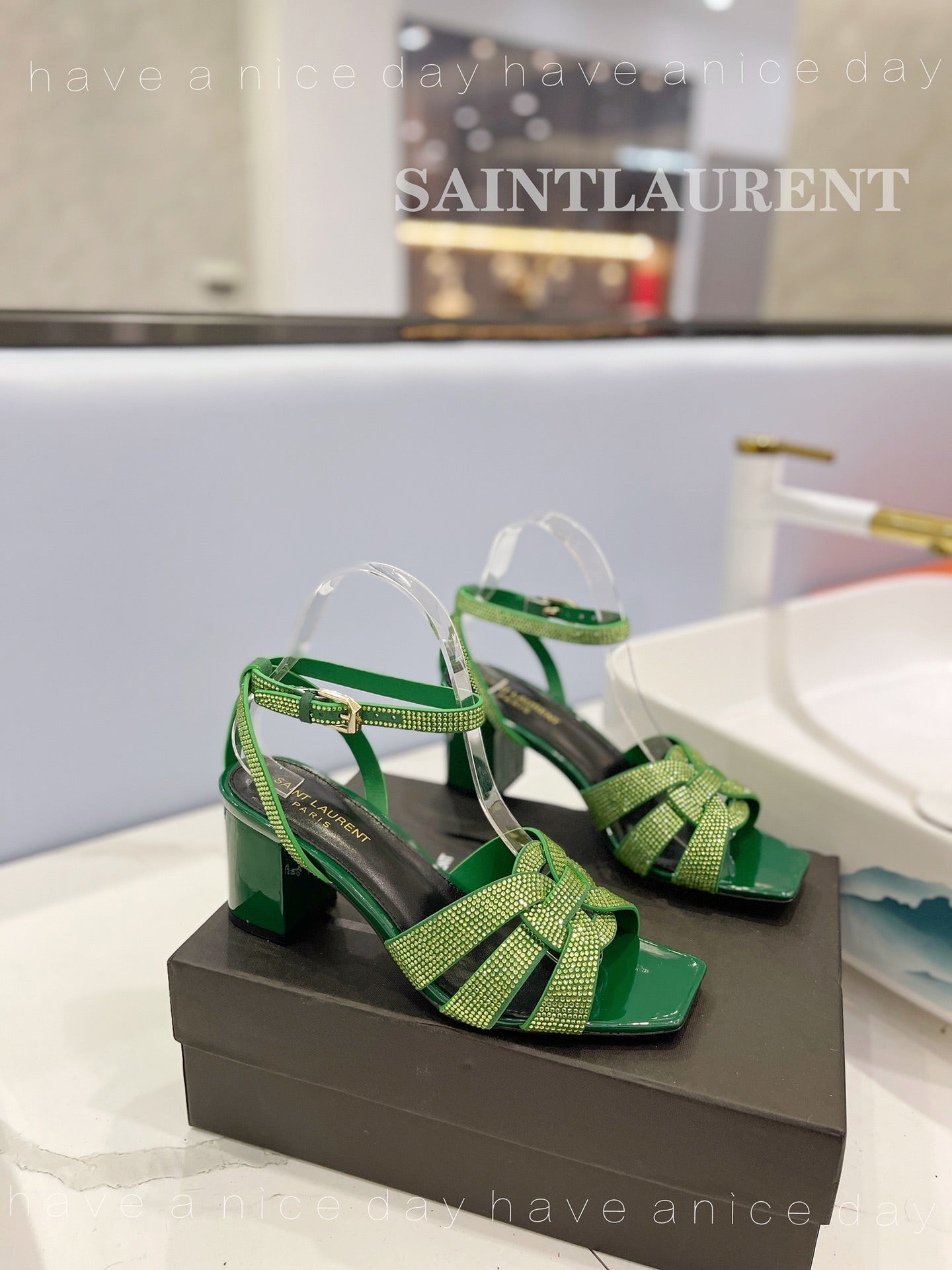 SL TRIBUTE CRYSTAL SANDALS DARK GREEN CALFSKIN - 34