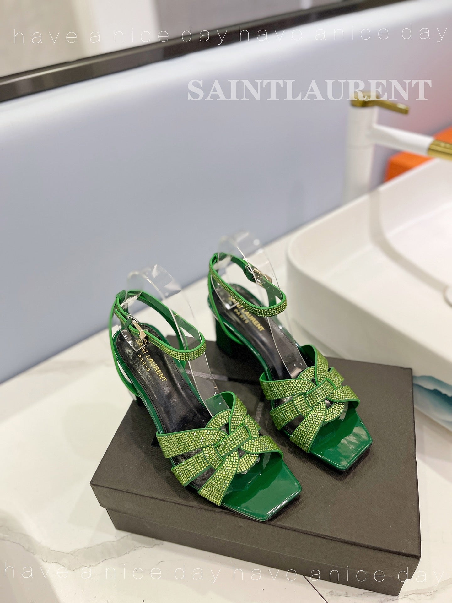 SL TRIBUTE CRYSTAL SANDALS DARK GREEN CALFSKIN - 34