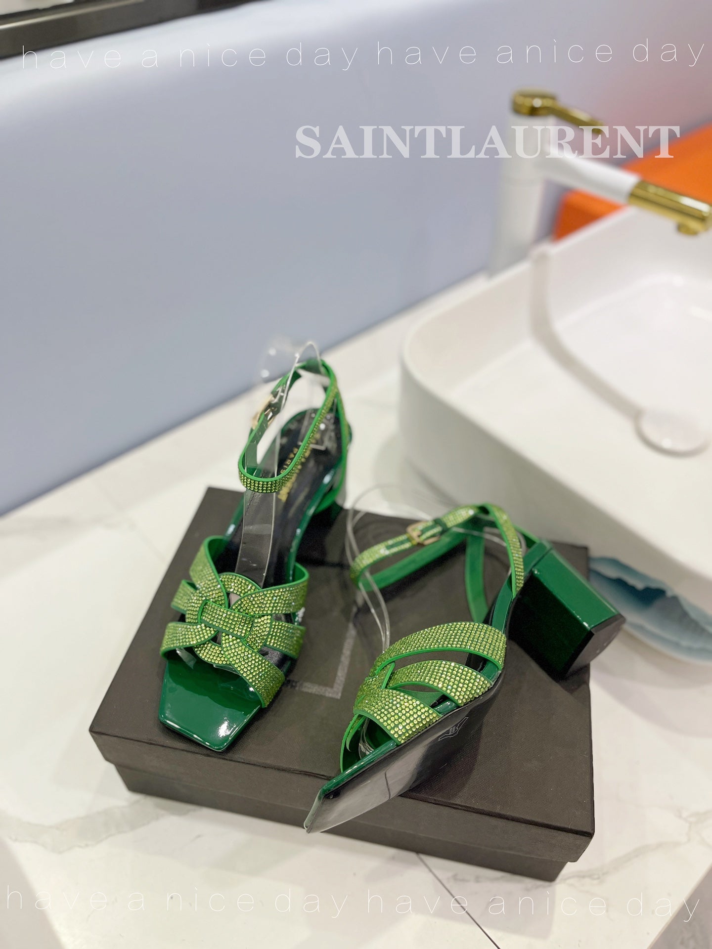 SL TRIBUTE CRYSTAL SANDALS DARK GREEN CALFSKIN - 34