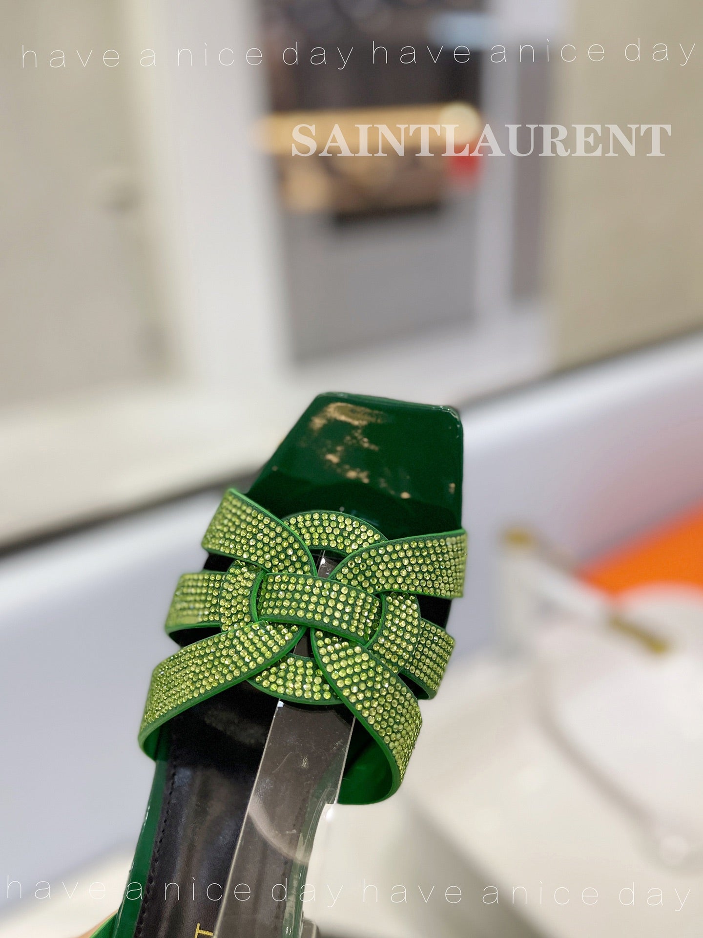 SL TRIBUTE CRYSTAL SANDALS DARK GREEN CALFSKIN - 34