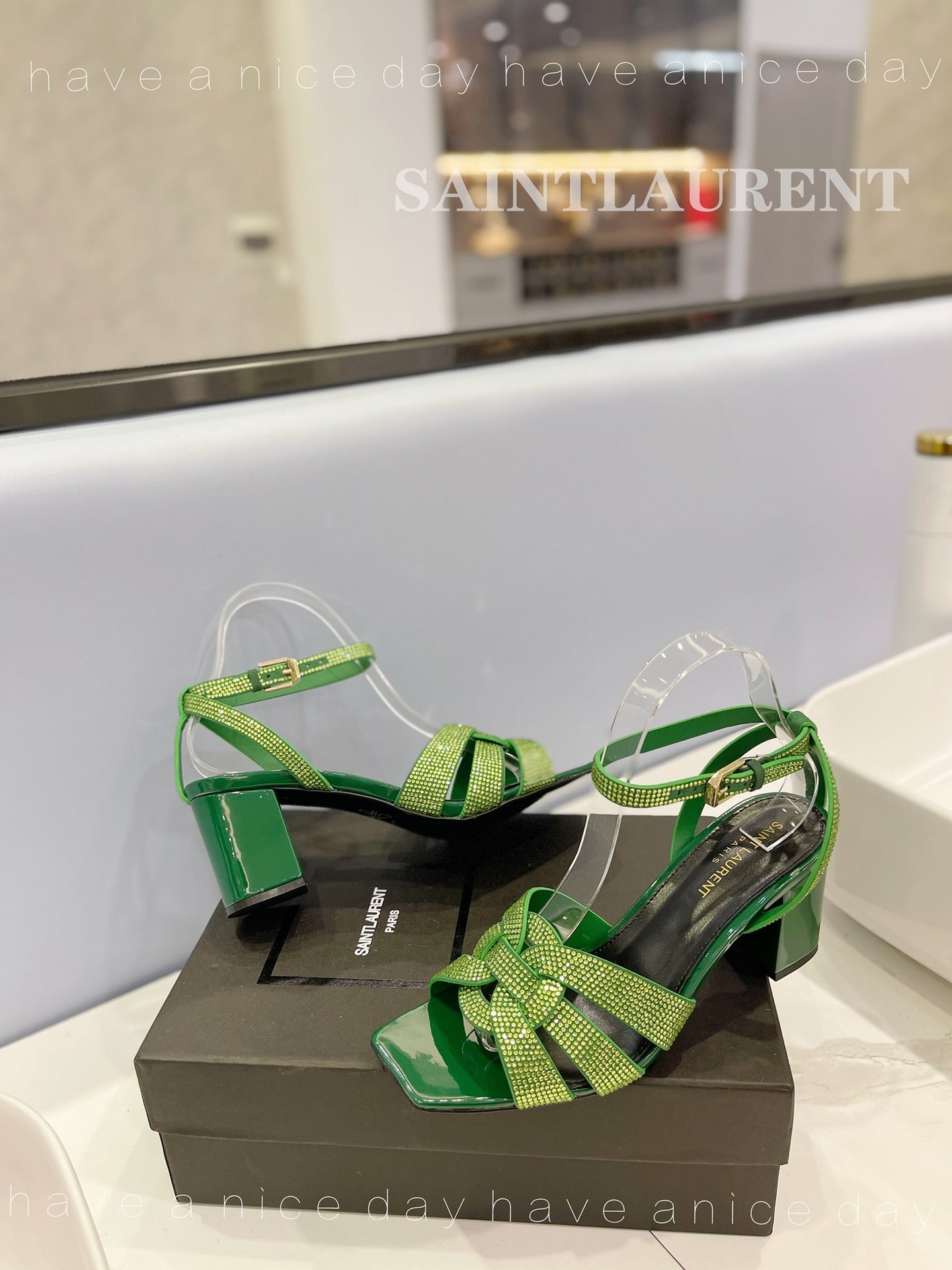 SL TRIBUTE CRYSTAL SANDALS DARK GREEN CALFSKIN - 34