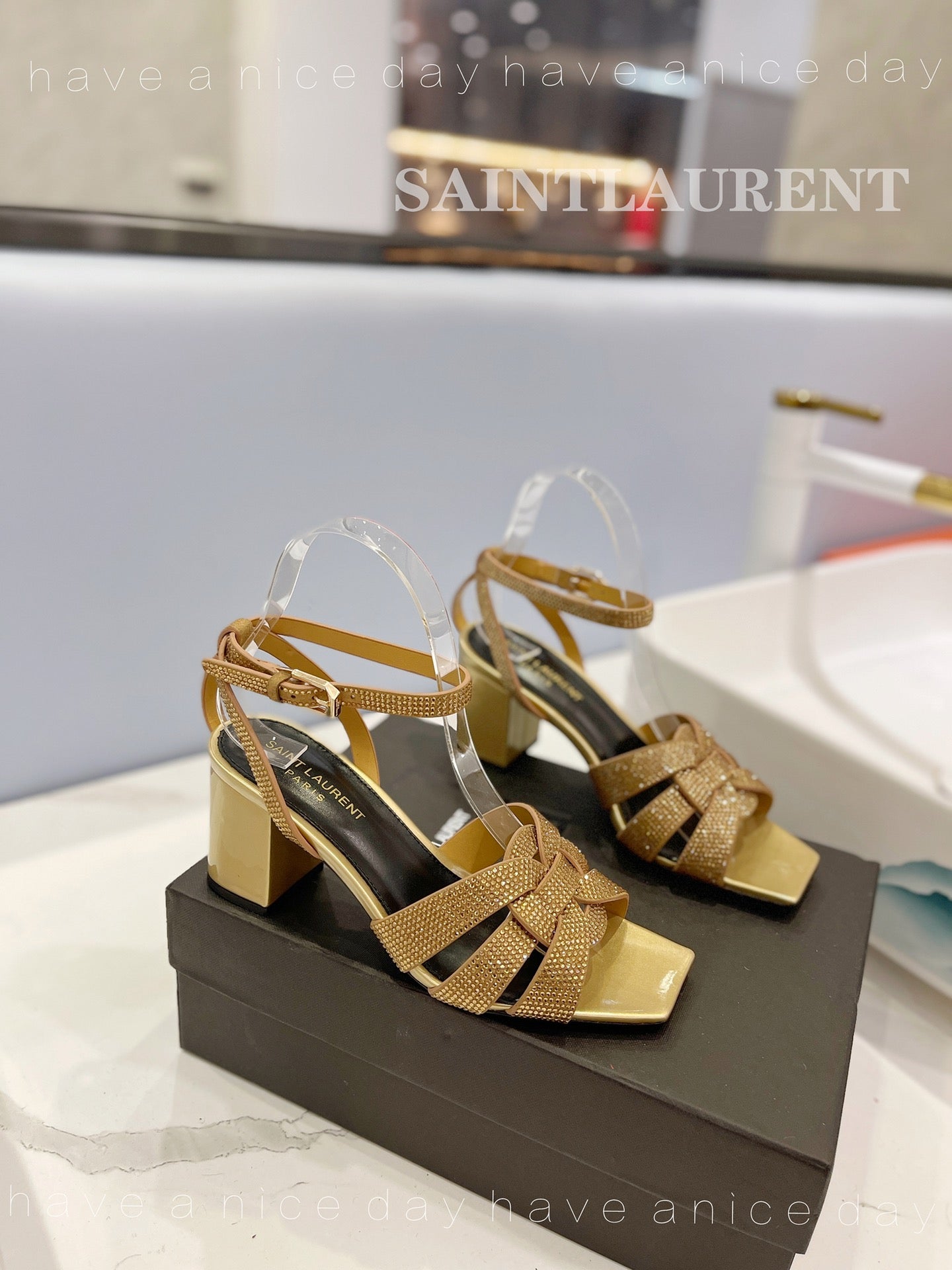 SL TRIBUTE CRYSTAL SANDALS GOLD CALFSKIN - 34