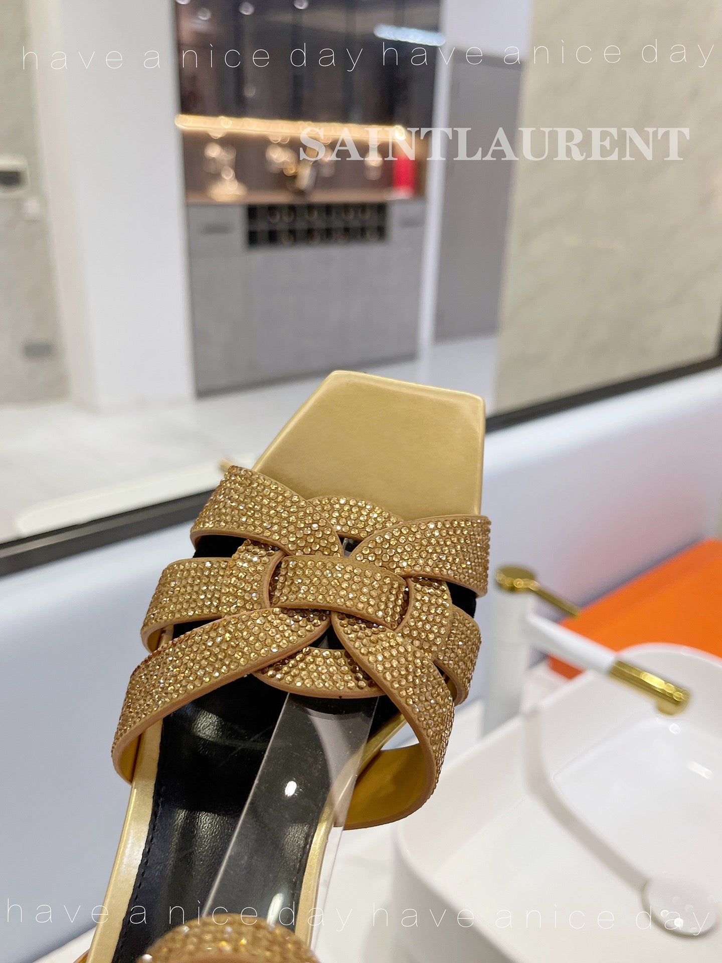 SL TRIBUTE CRYSTAL SANDALS GOLD CALFSKIN - 34