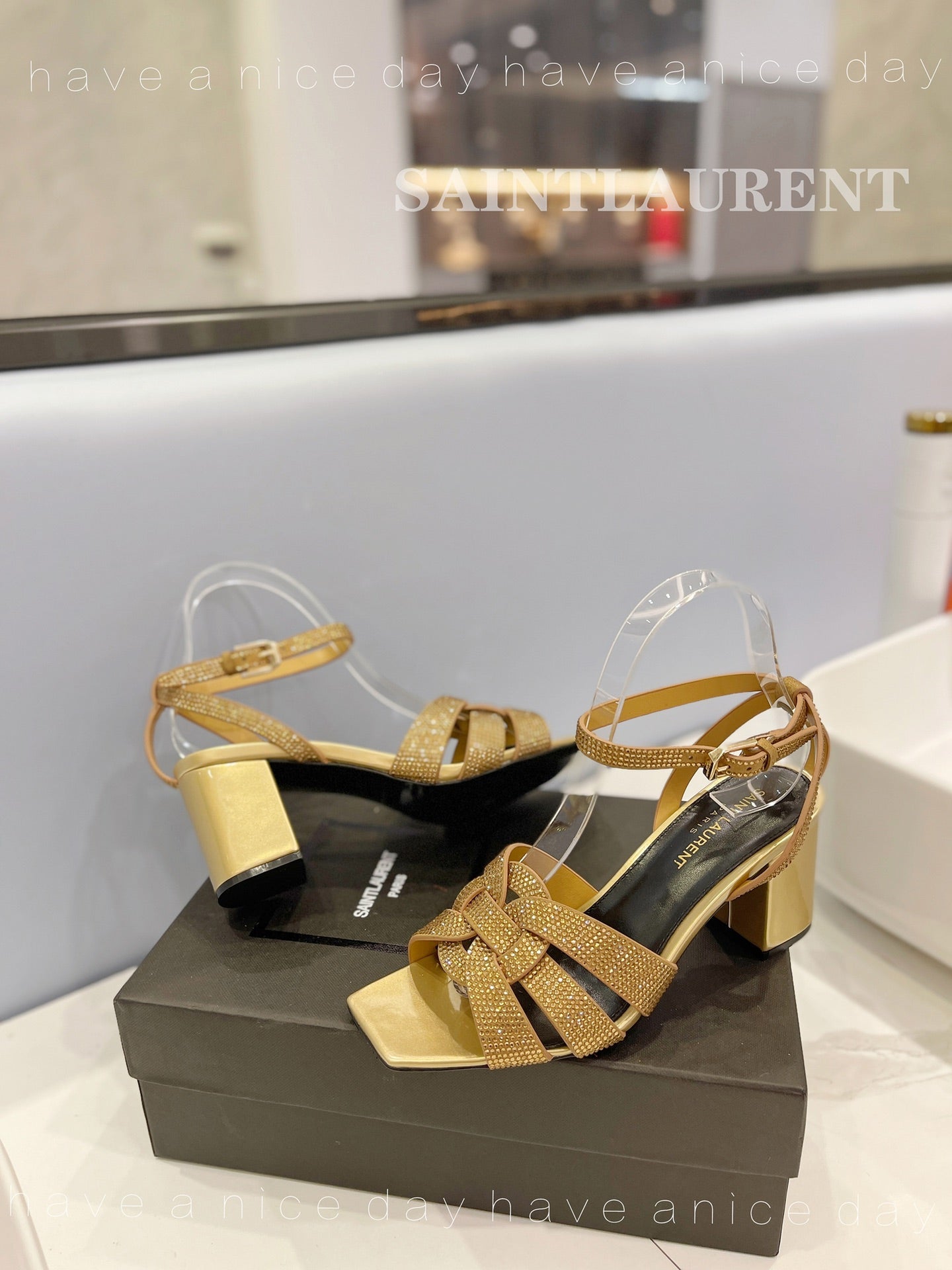 SL TRIBUTE CRYSTAL SANDALS GOLD CALFSKIN - 34