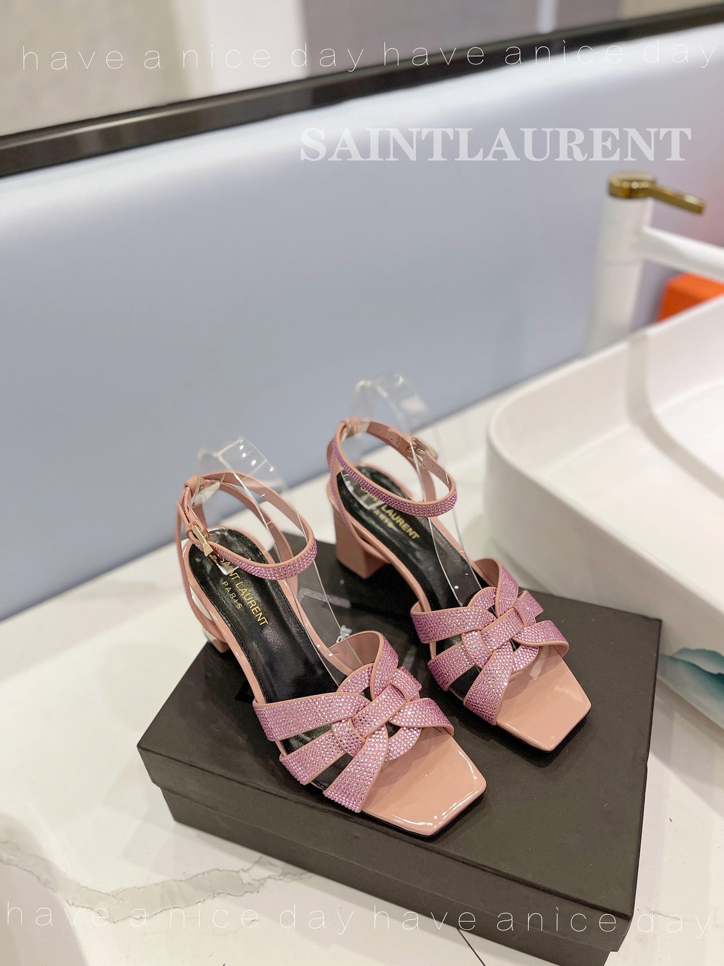 SL TRIBUTE CRYSTAL SANDALS PASTEL PINK CALFSKIN - 34