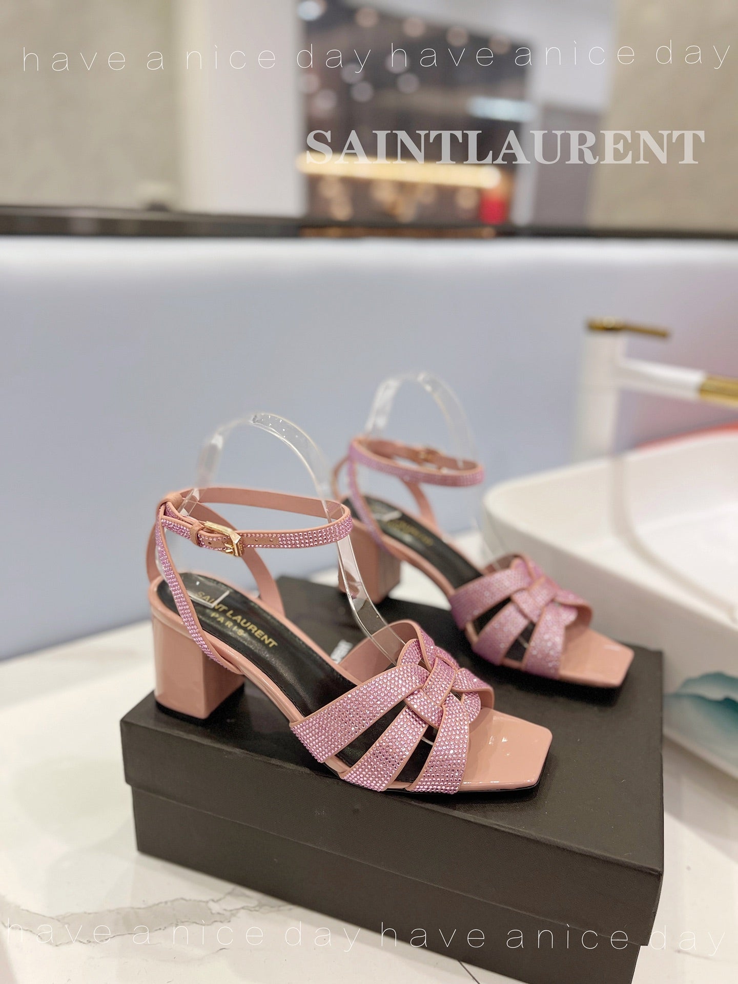 SL TRIBUTE CRYSTAL SANDALS PASTEL PINK CALFSKIN - 34