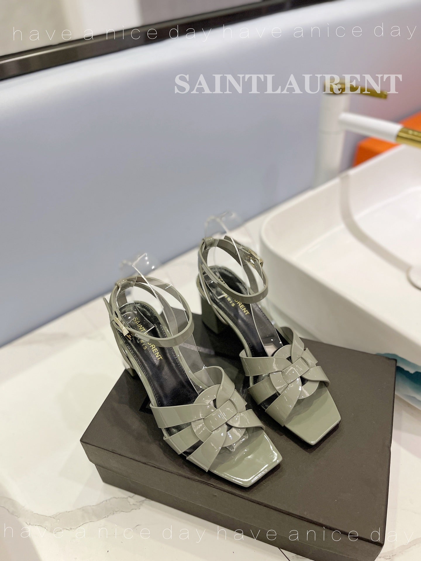 SL TRIBUTE SANDAL GLOSSY SAGE CALFSKIN - 34