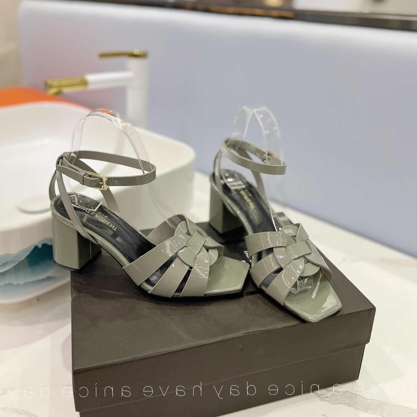 SL TRIBUTE SANDAL GLOSSY SAGE CALFSKIN - 34