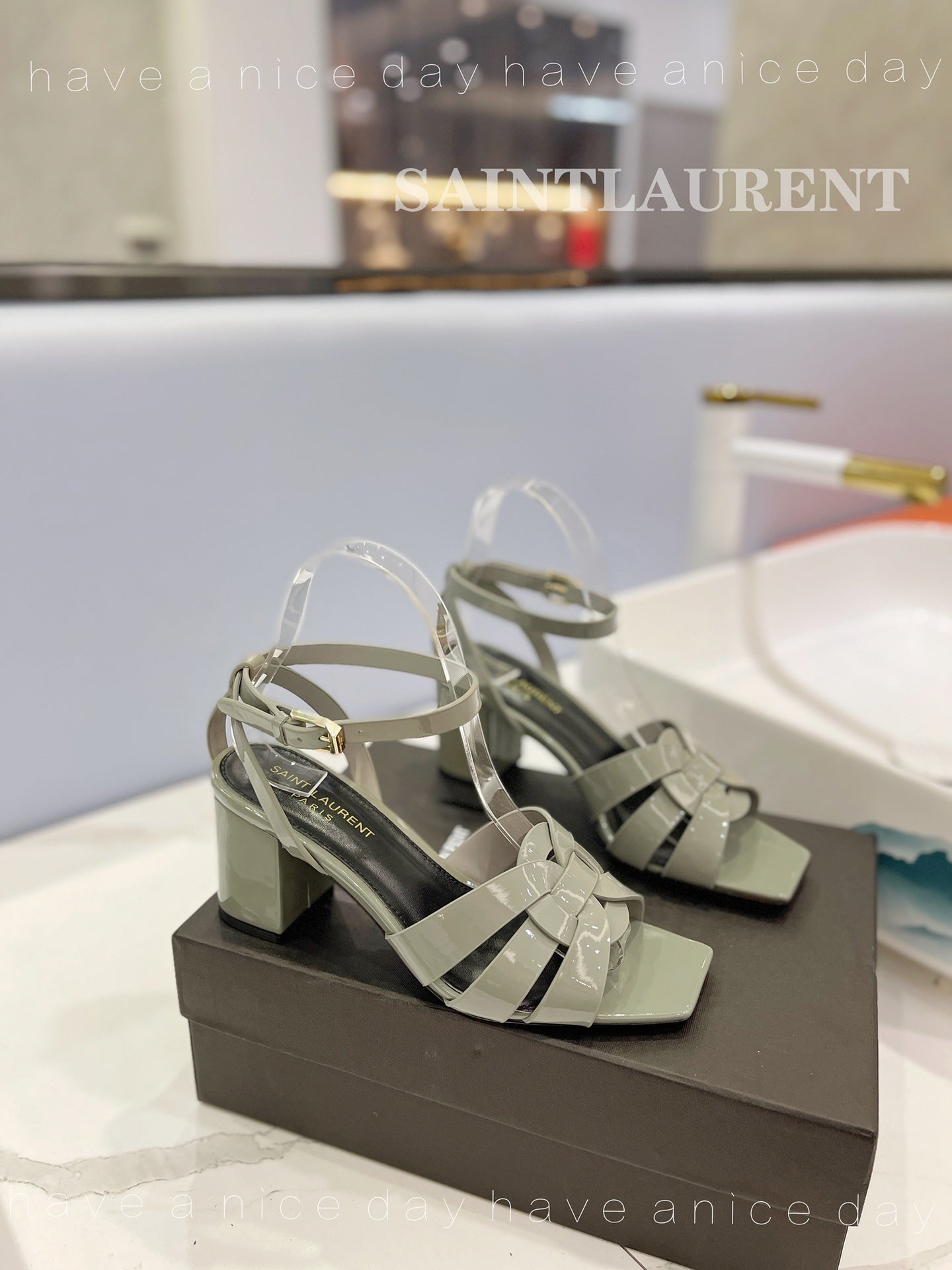 SL TRIBUTE SANDAL GLOSSY SAGE CALFSKIN - 34