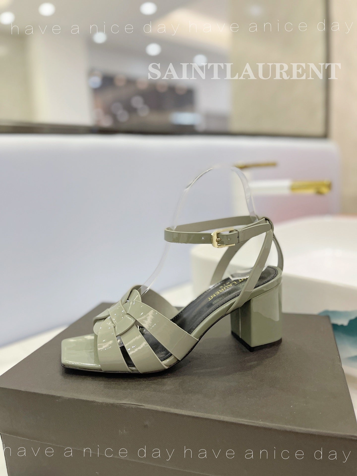 SL TRIBUTE SANDAL GLOSSY SAGE CALFSKIN - 34