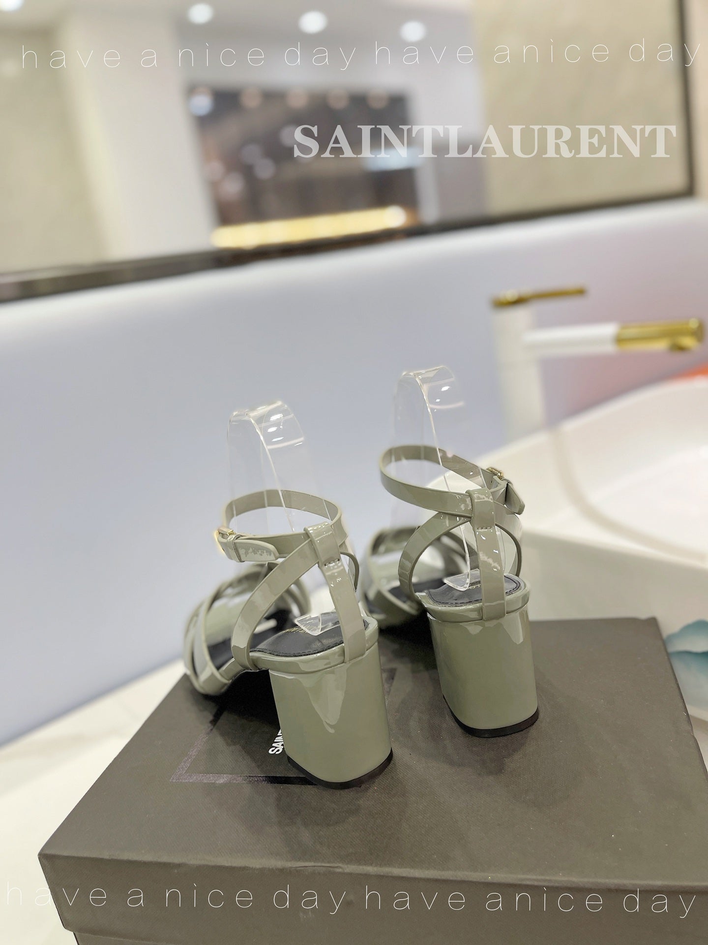 SL TRIBUTE SANDAL GLOSSY SAGE CALFSKIN - 34