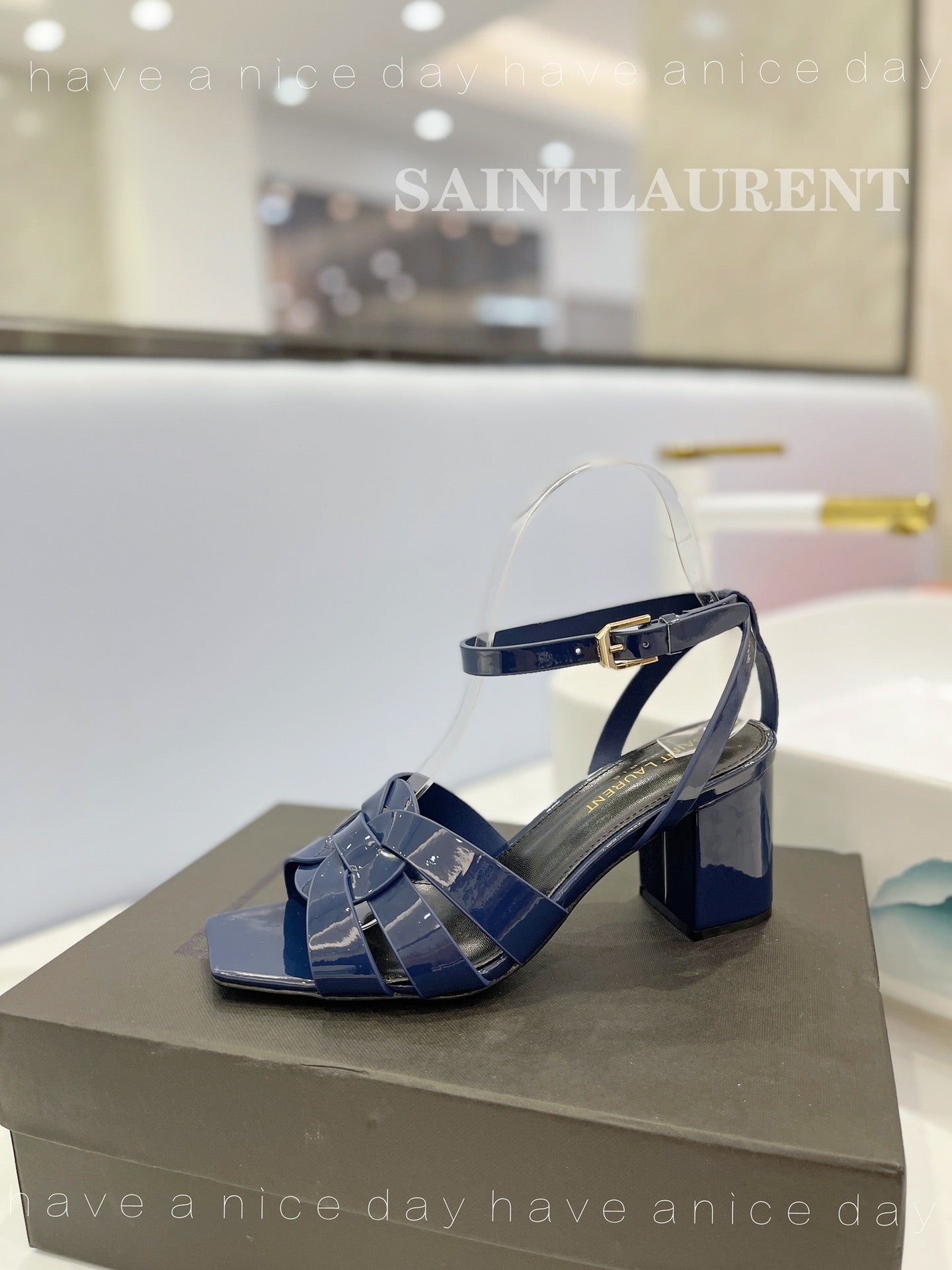 SL TRIBUTE SANDAL GLOSSY NAVY CALFSKIN - 34