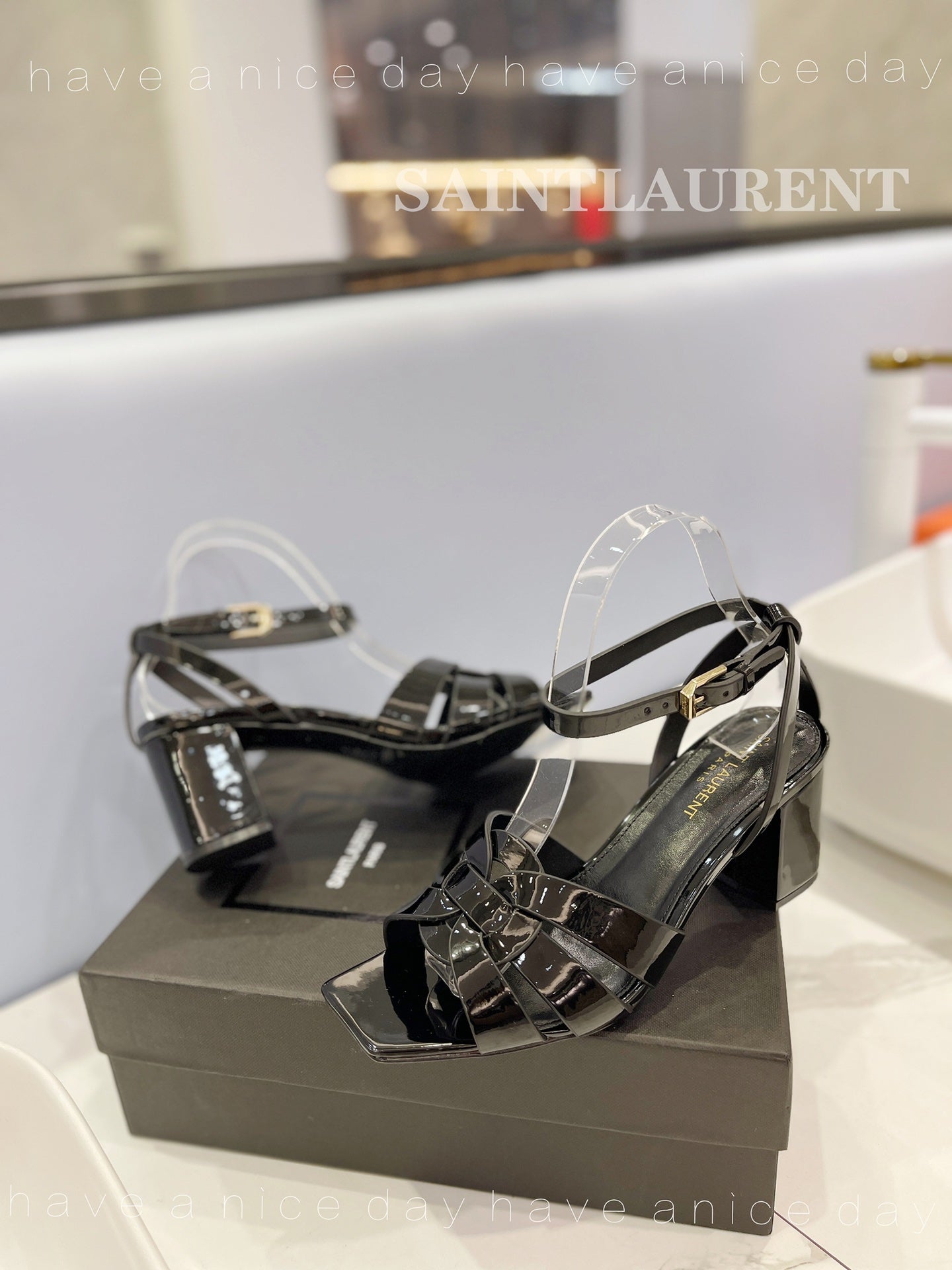 SL TRIBUTE SANDAL GLOSSY BLACK CALFSKIN - 34