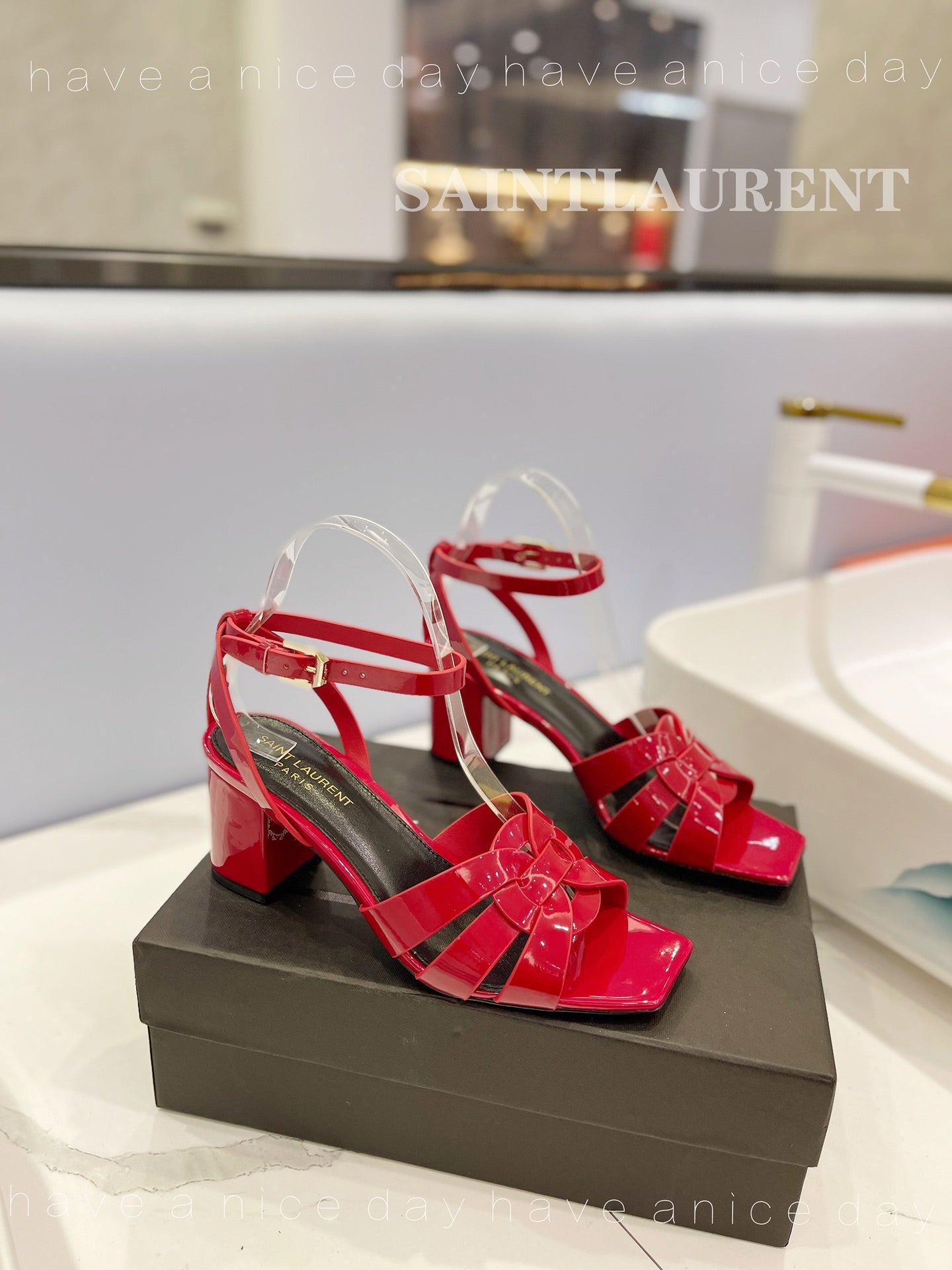 SL TRIBUTE SANDAL GLOSSY RED CALFSKIN - 34