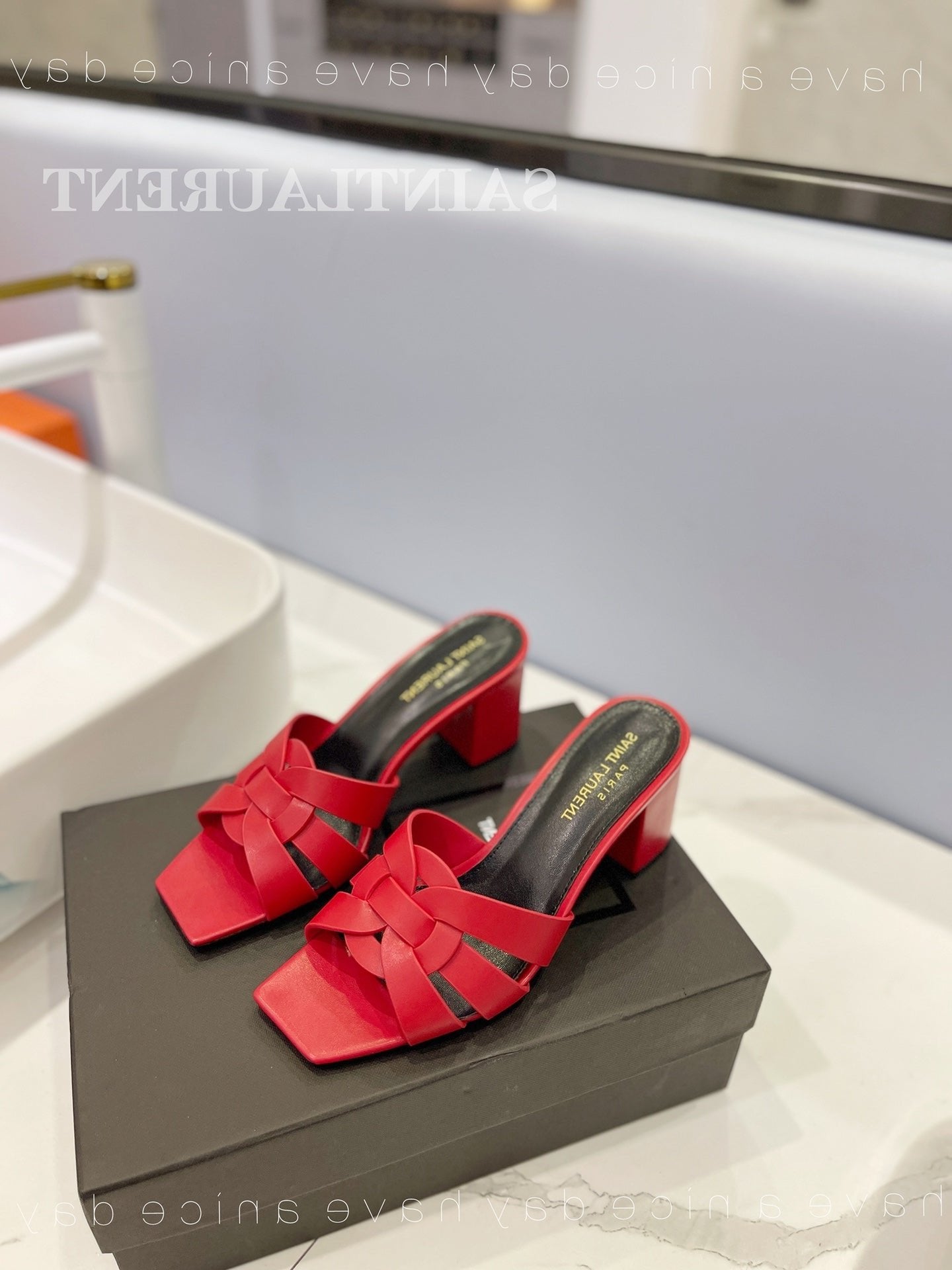 SL TRIBUTE MULES RED CALFSKIN - 34