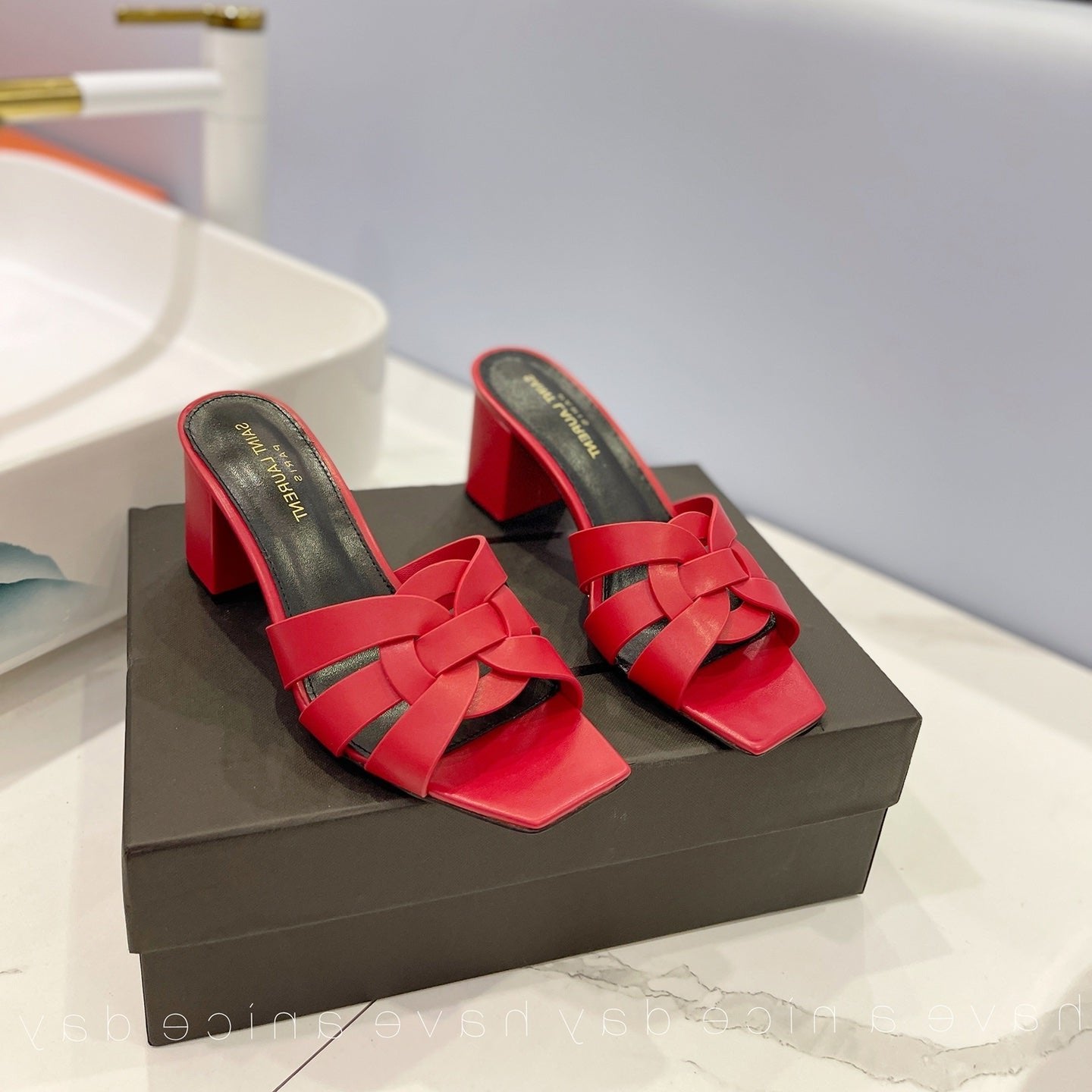 SL TRIBUTE MULES RED CALFSKIN - 34