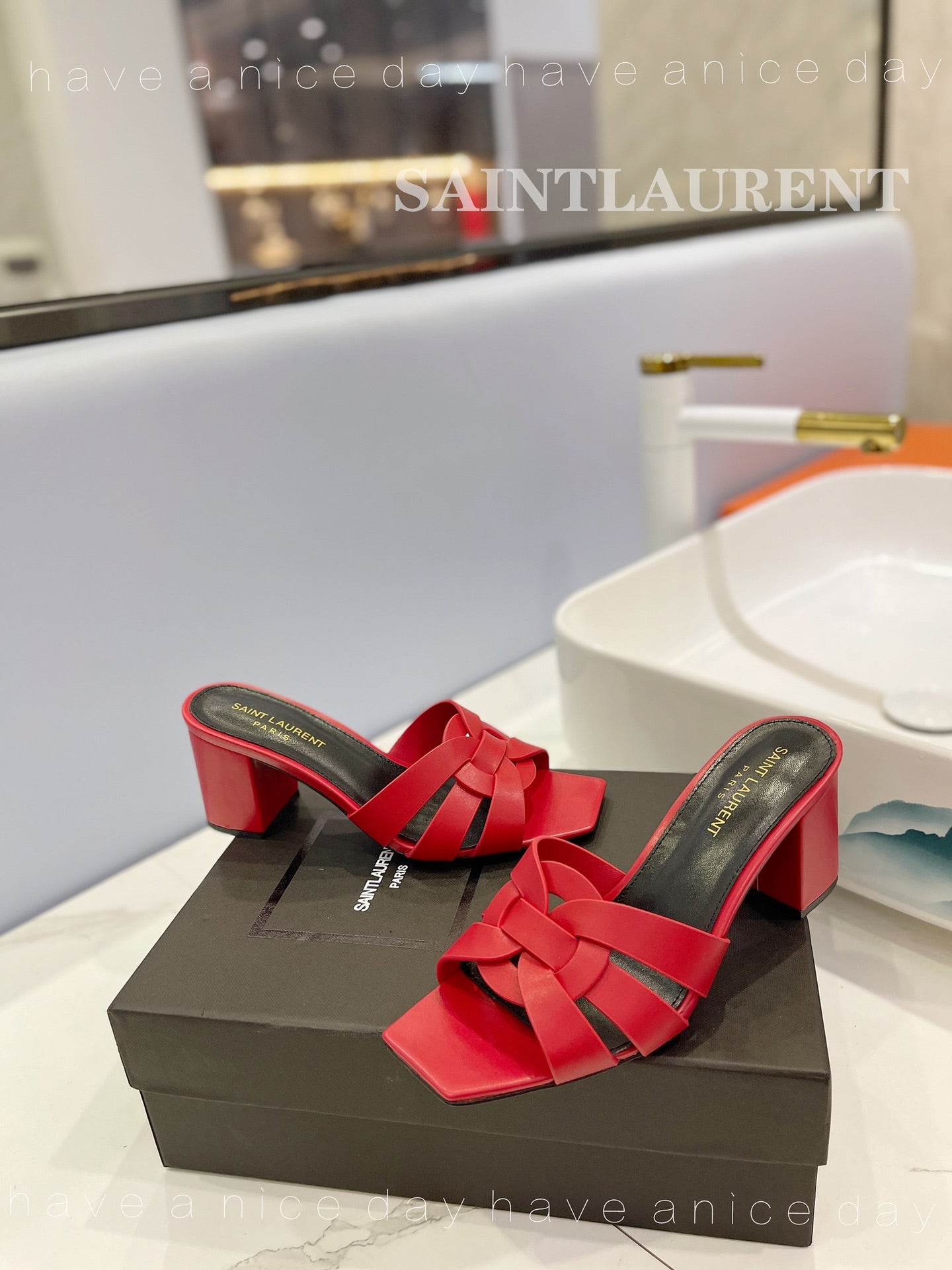 SL TRIBUTE MULES RED CALFSKIN - 34