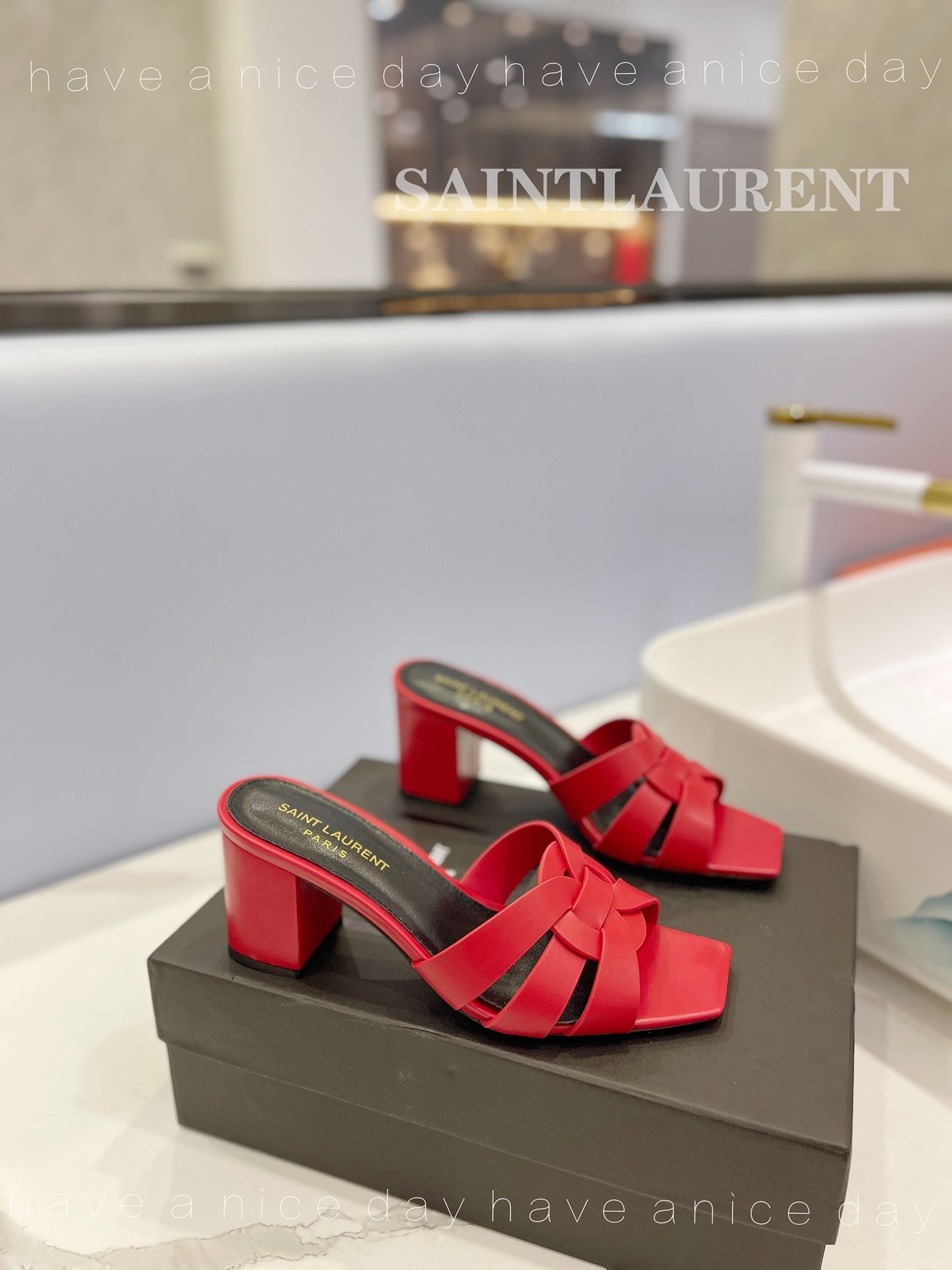SL TRIBUTE MULES RED CALFSKIN - 34