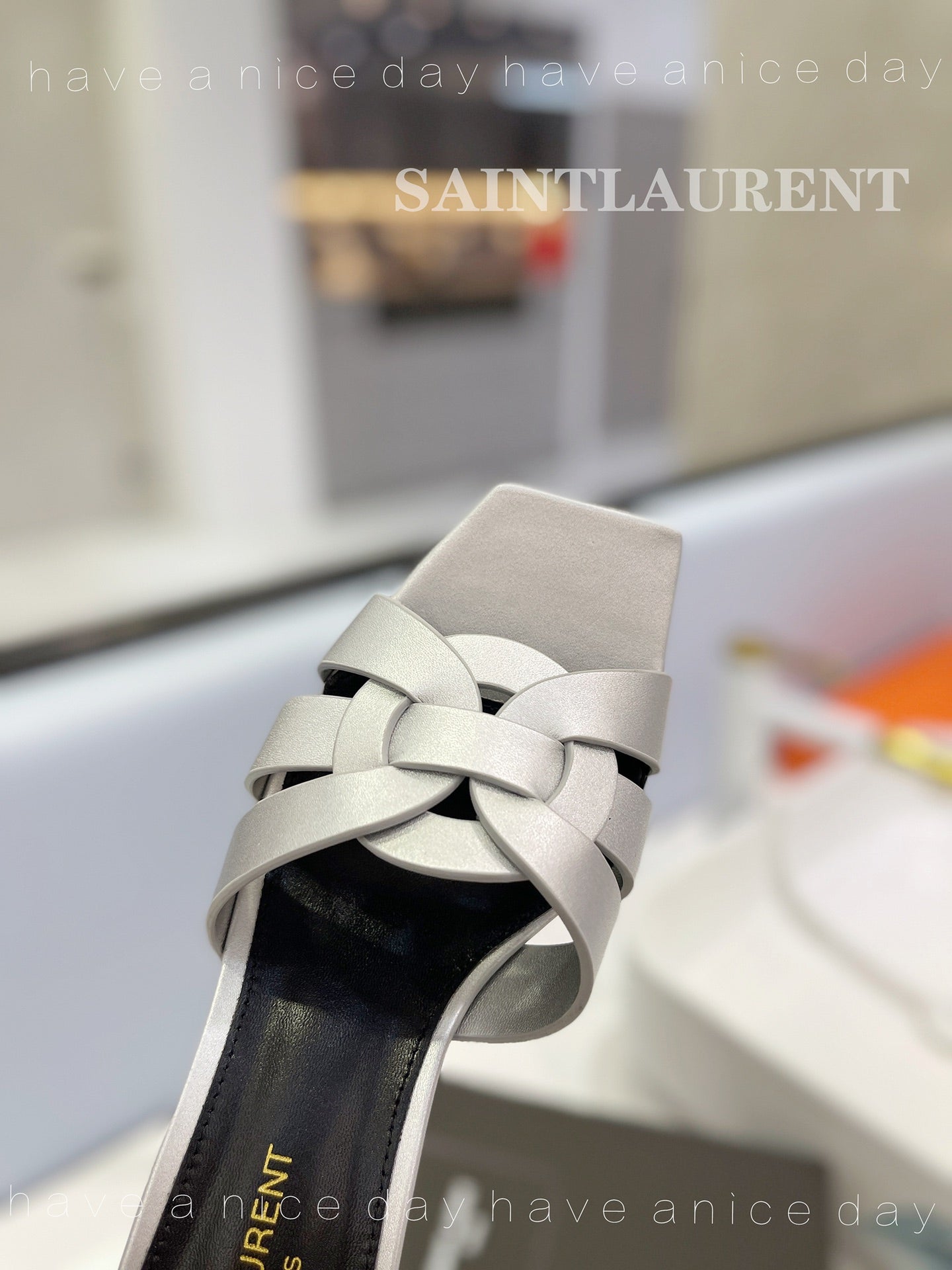 SL TRIBUTE MULES SILVER CALFSKIN - 34