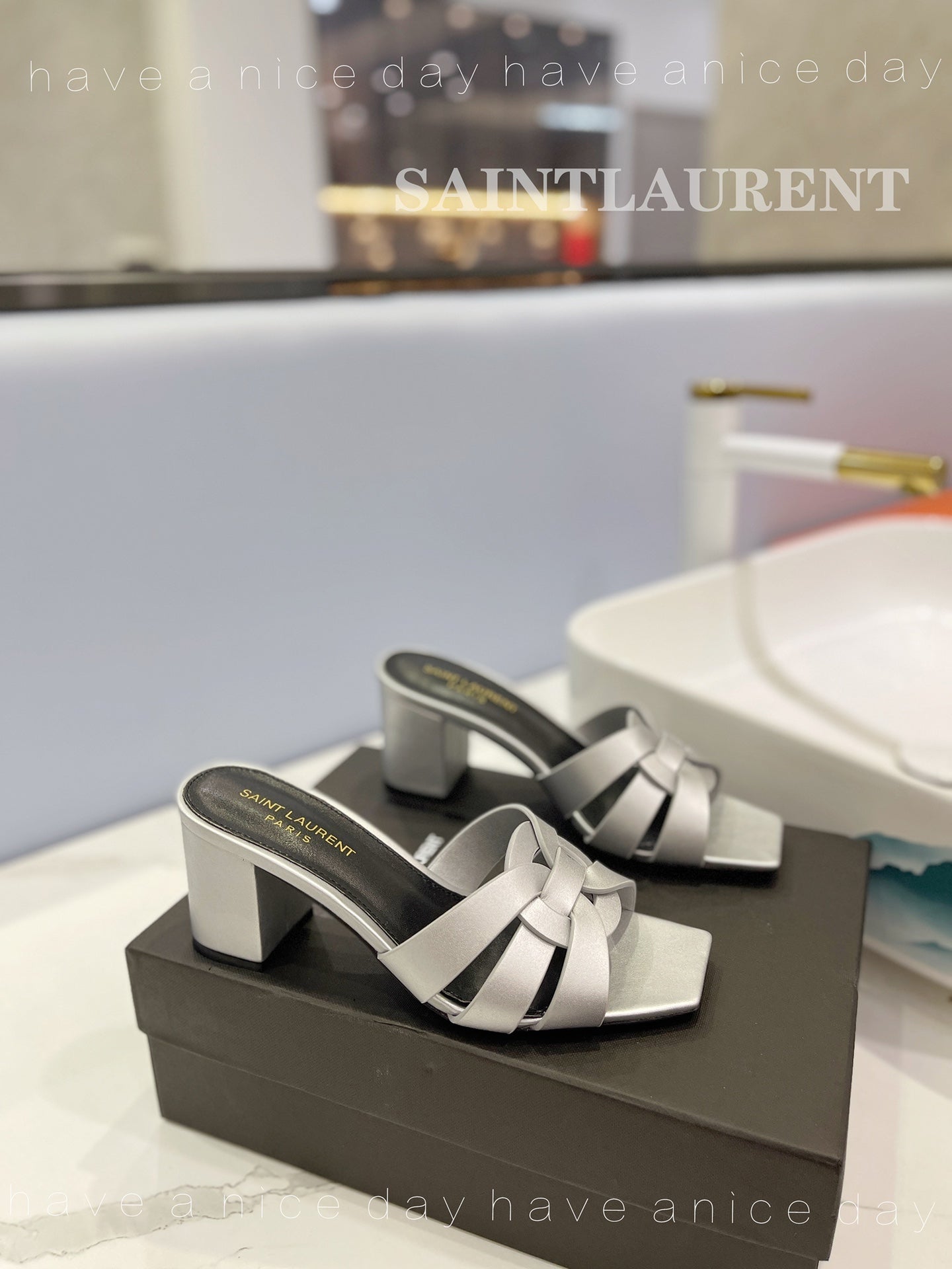 SL TRIBUTE MULES SILVER CALFSKIN - 34
