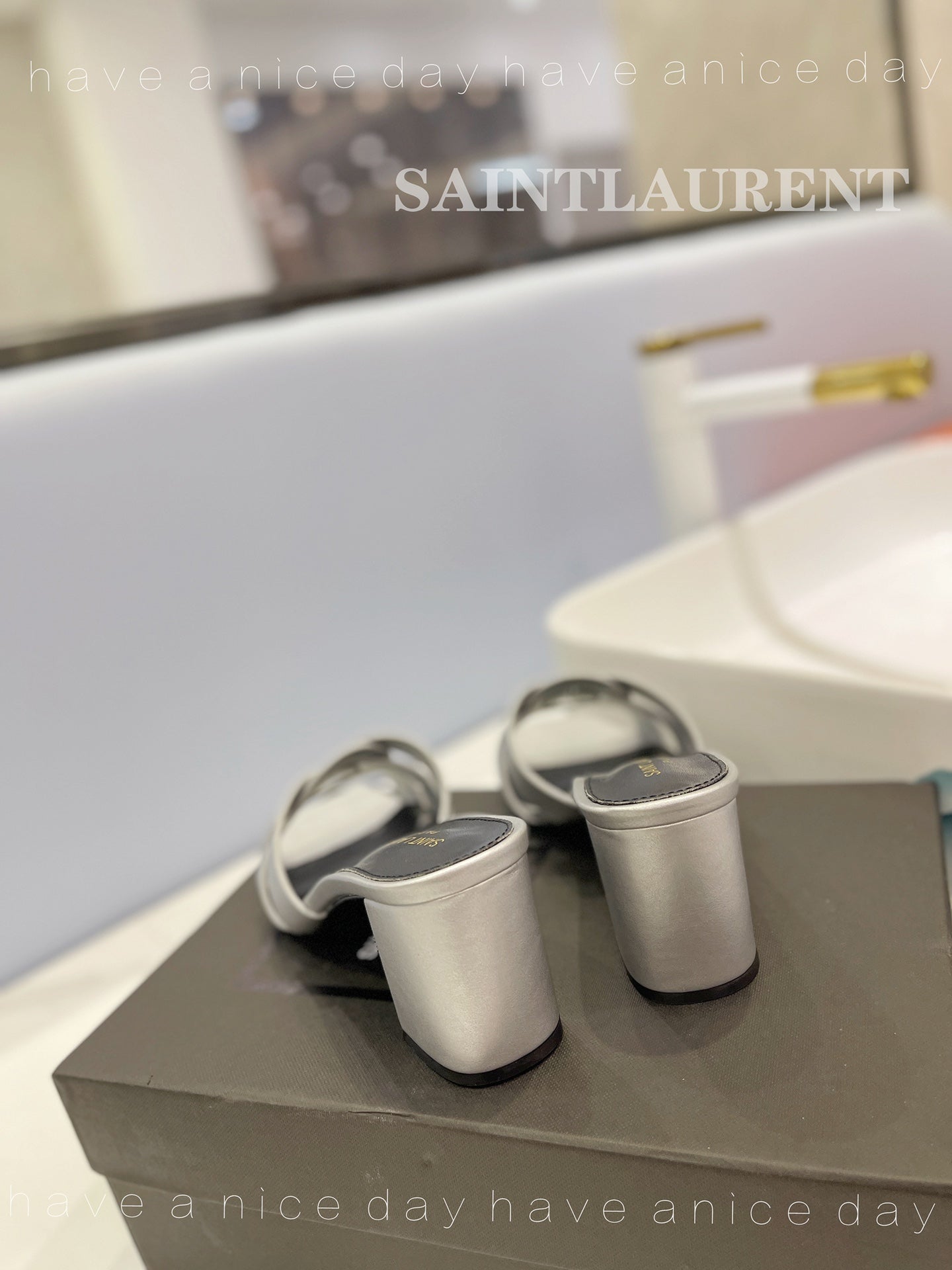 SL TRIBUTE MULES SILVER CALFSKIN - 34