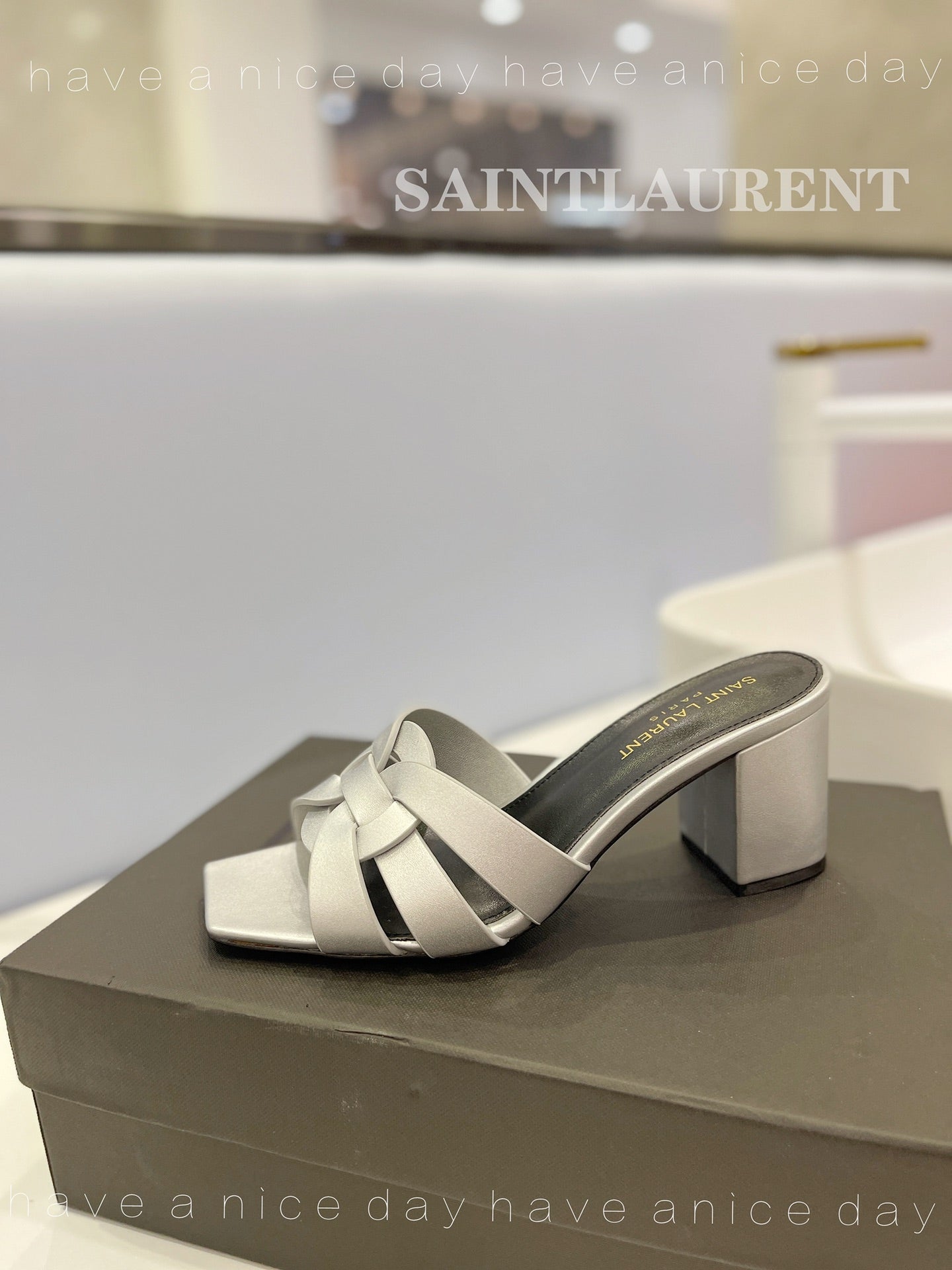 SL TRIBUTE MULES SILVER CALFSKIN - 34