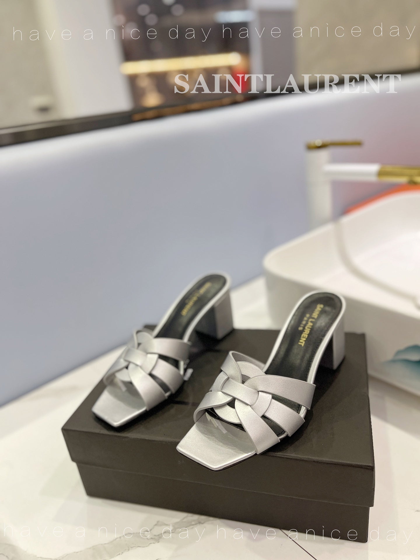 SL TRIBUTE MULES SILVER CALFSKIN - 34