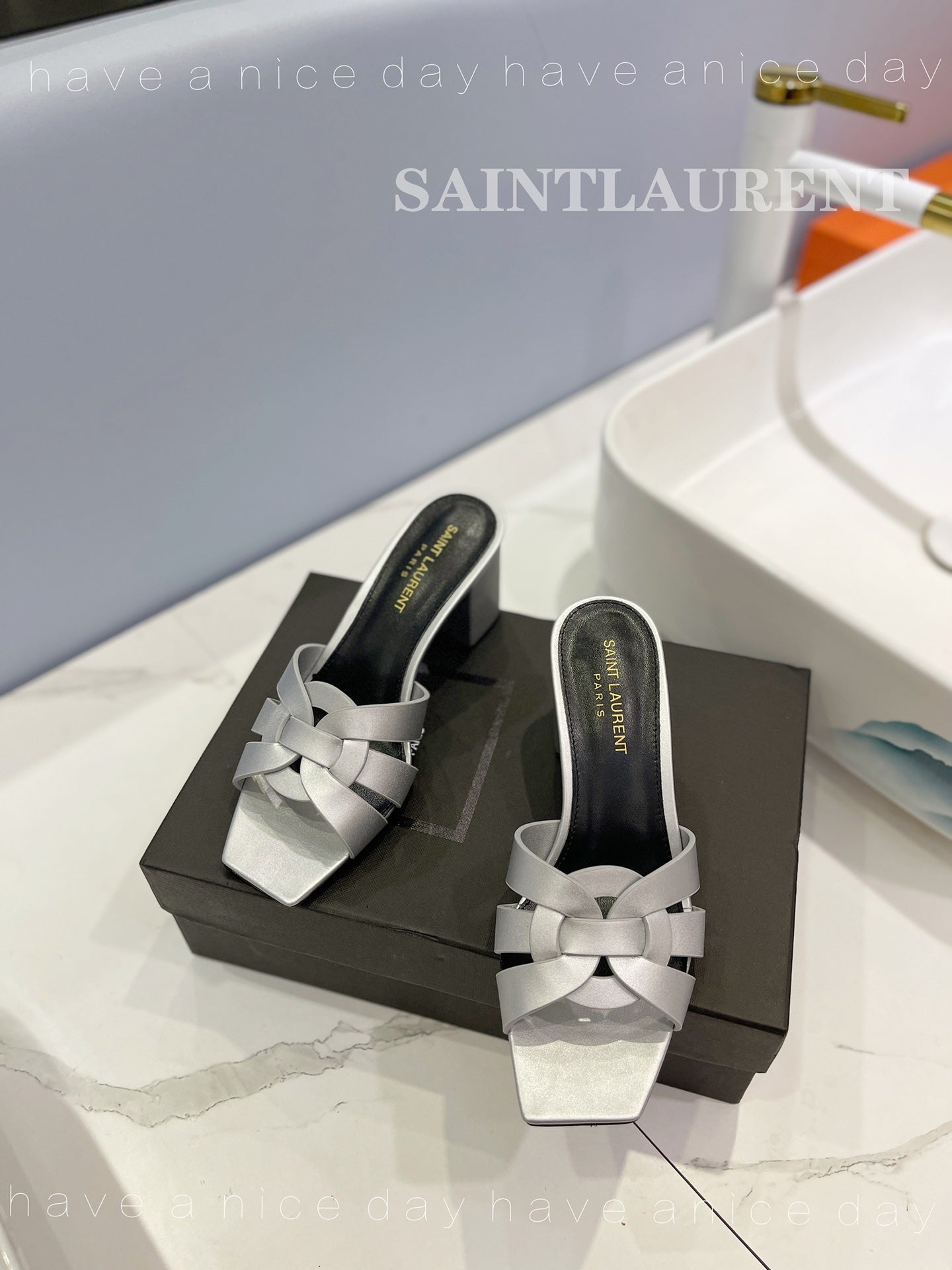 SL TRIBUTE MULES SILVER CALFSKIN - 34