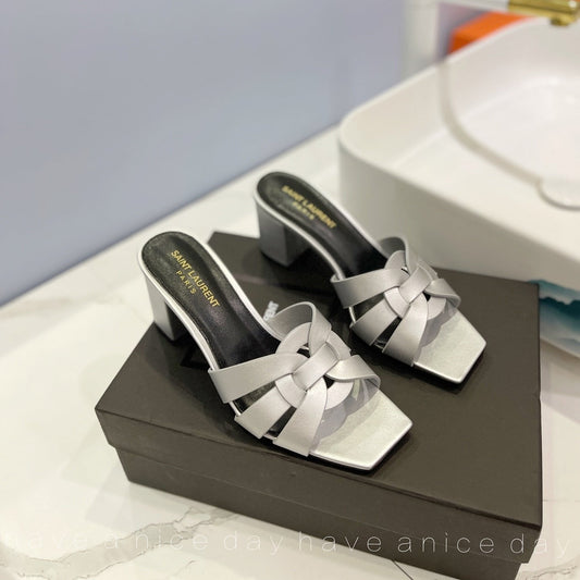 SL TRIBUTE MULES SILVER CALFSKIN - 34