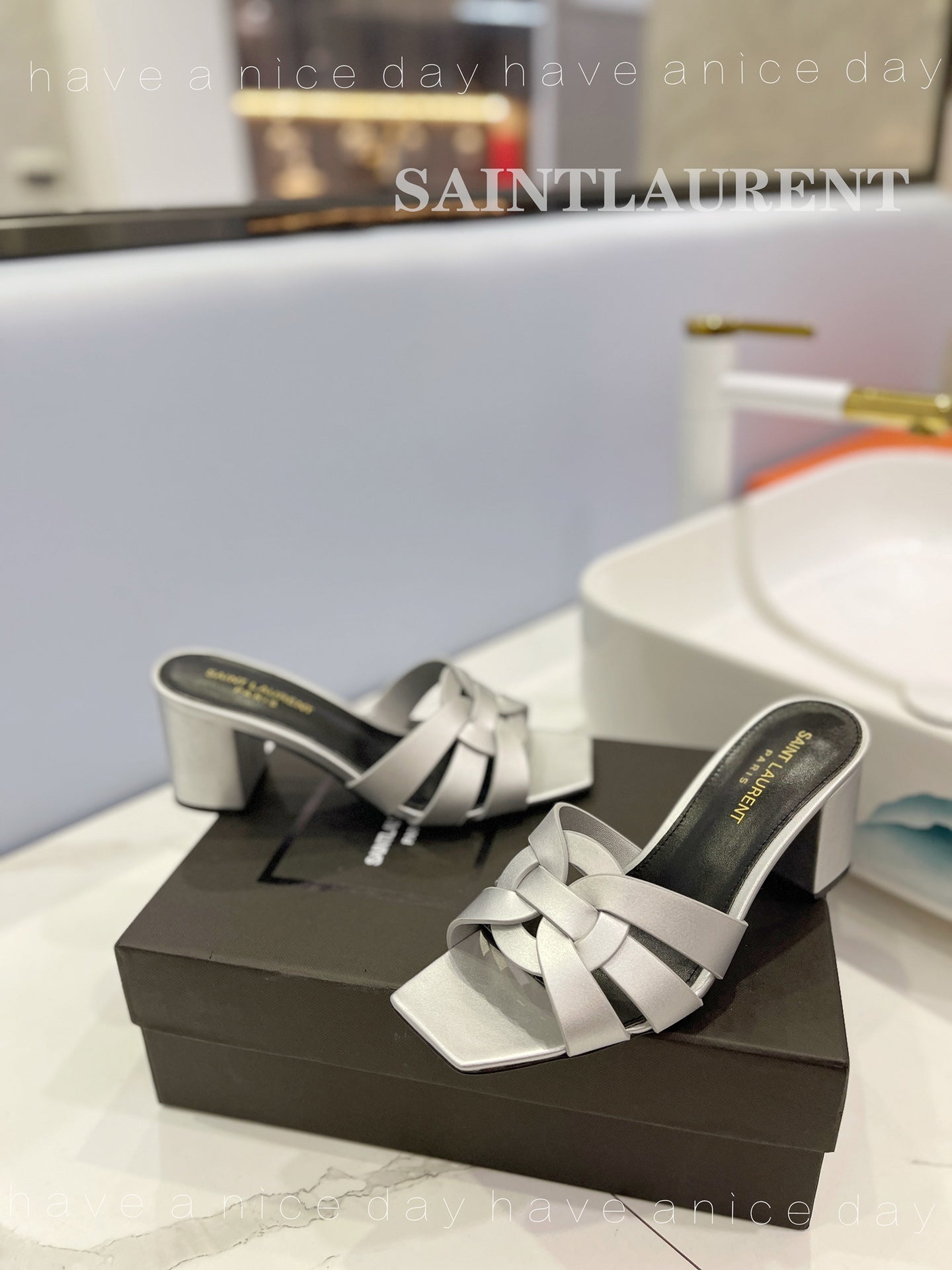 SL TRIBUTE MULES SILVER CALFSKIN - 34