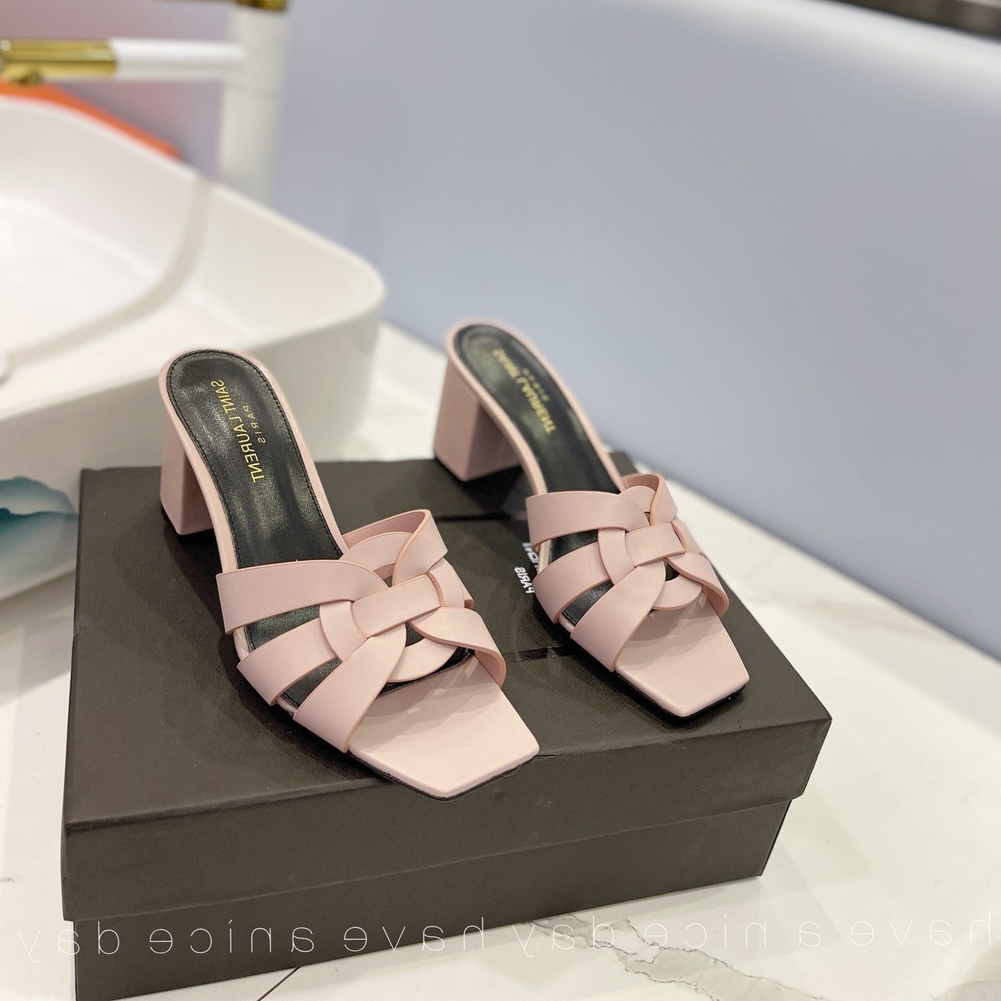 SL TRIBUTE MULES PASTEL PINK CALFSKIN - 34