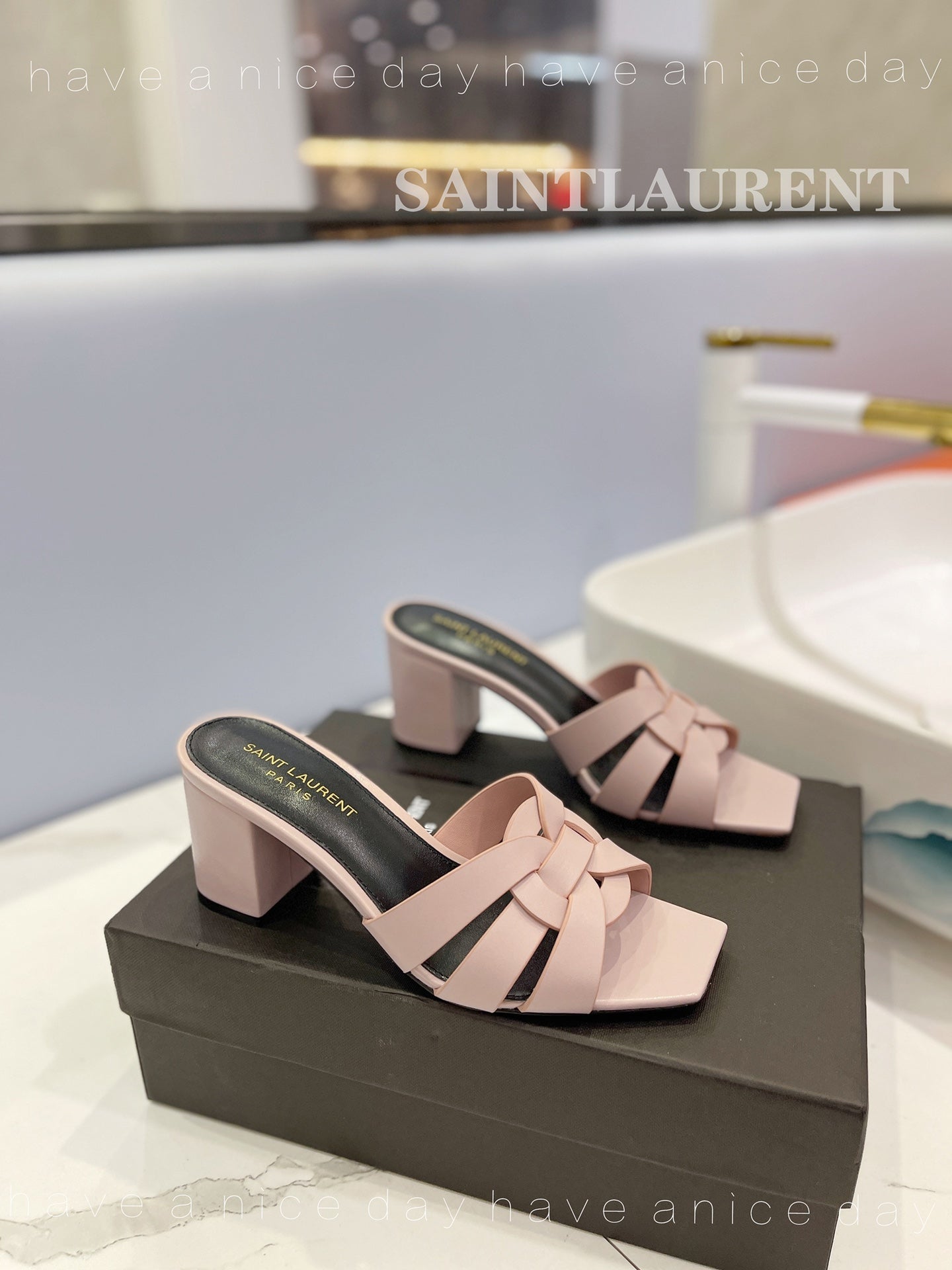 SL TRIBUTE MULES PASTEL PINK CALFSKIN - 34