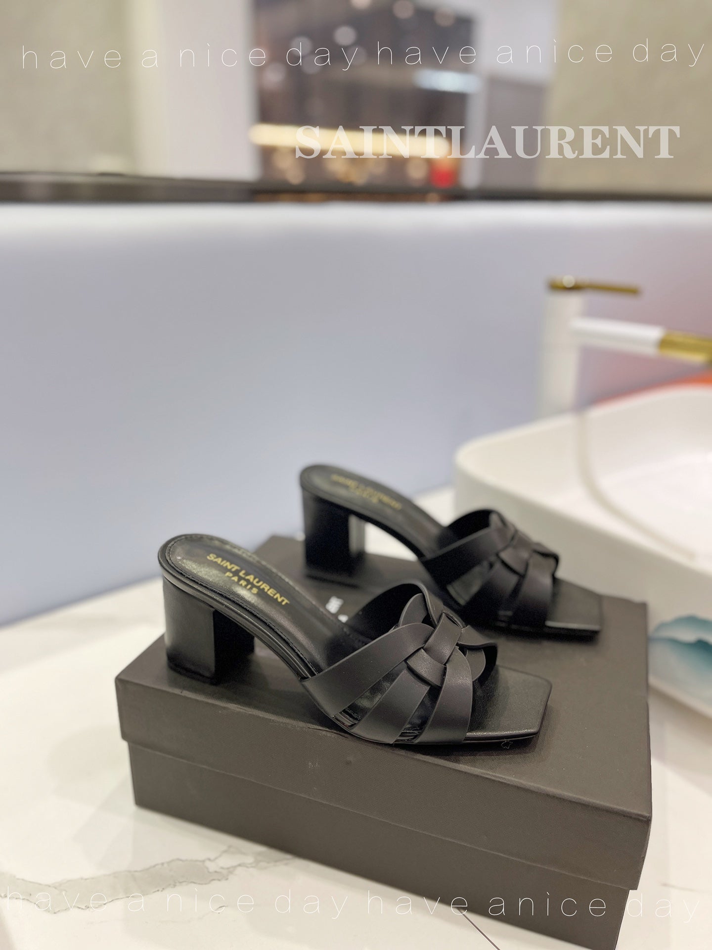 SL TRIBUTE MULES BLACK CALFSKIN - 34