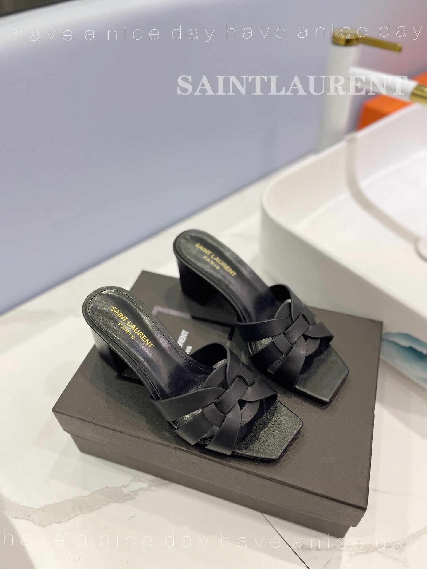 SL TRIBUTE MULES BLACK CALFSKIN - 34