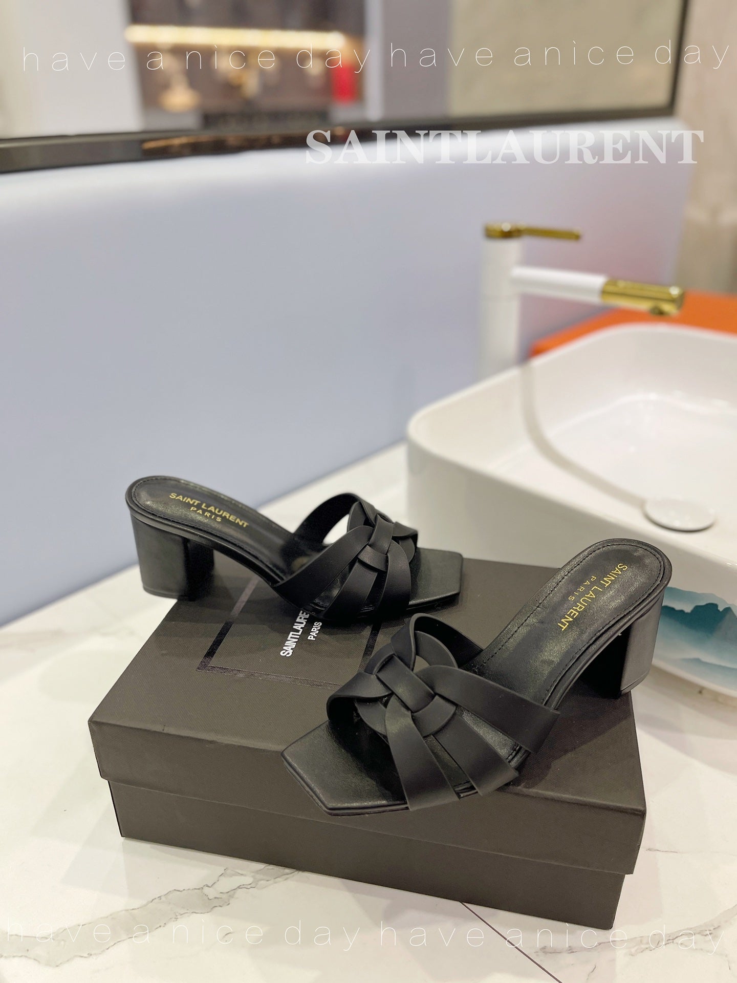 SL TRIBUTE MULES BLACK CALFSKIN - 34