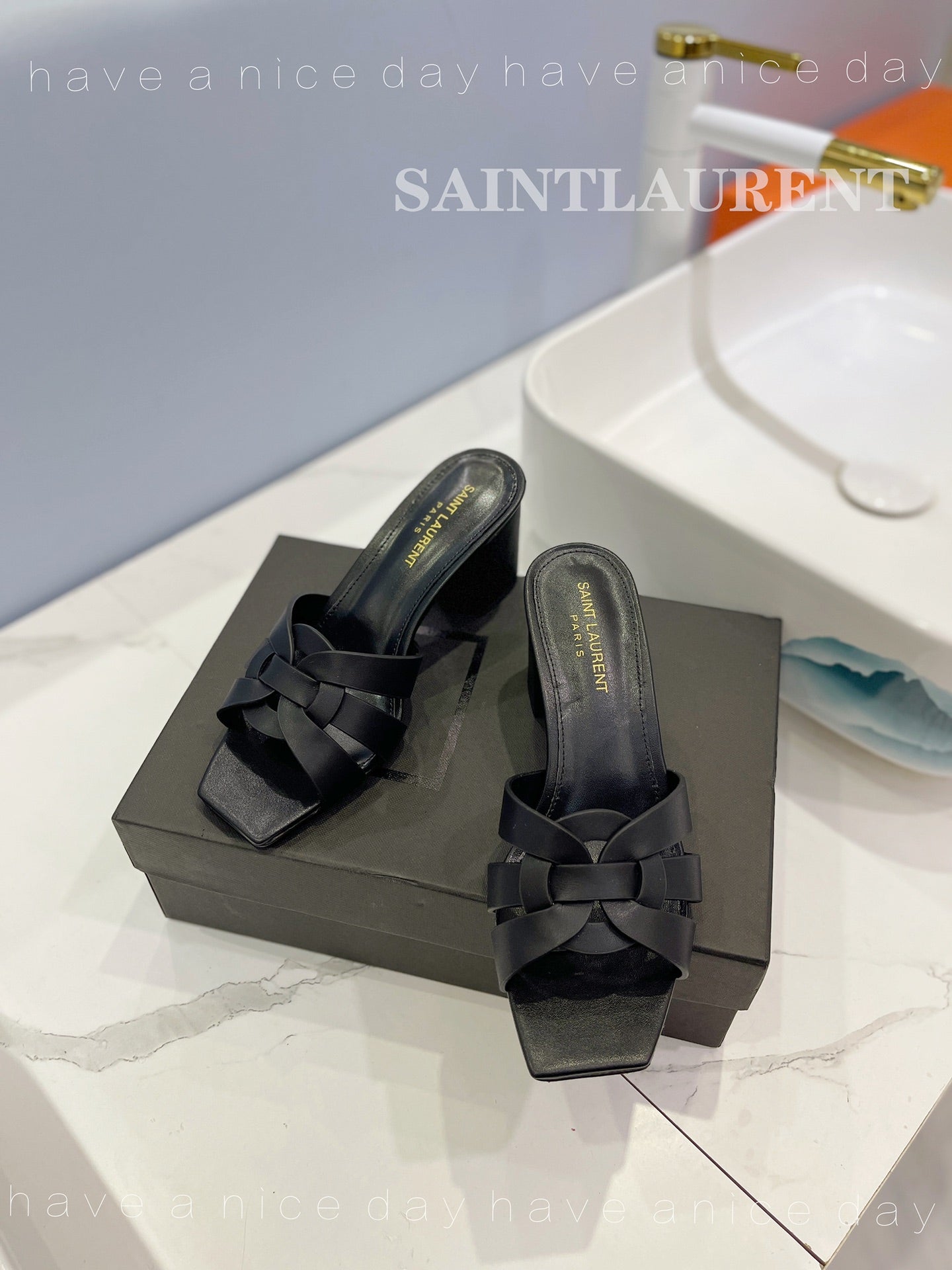 SL TRIBUTE MULES BLACK CALFSKIN - 34