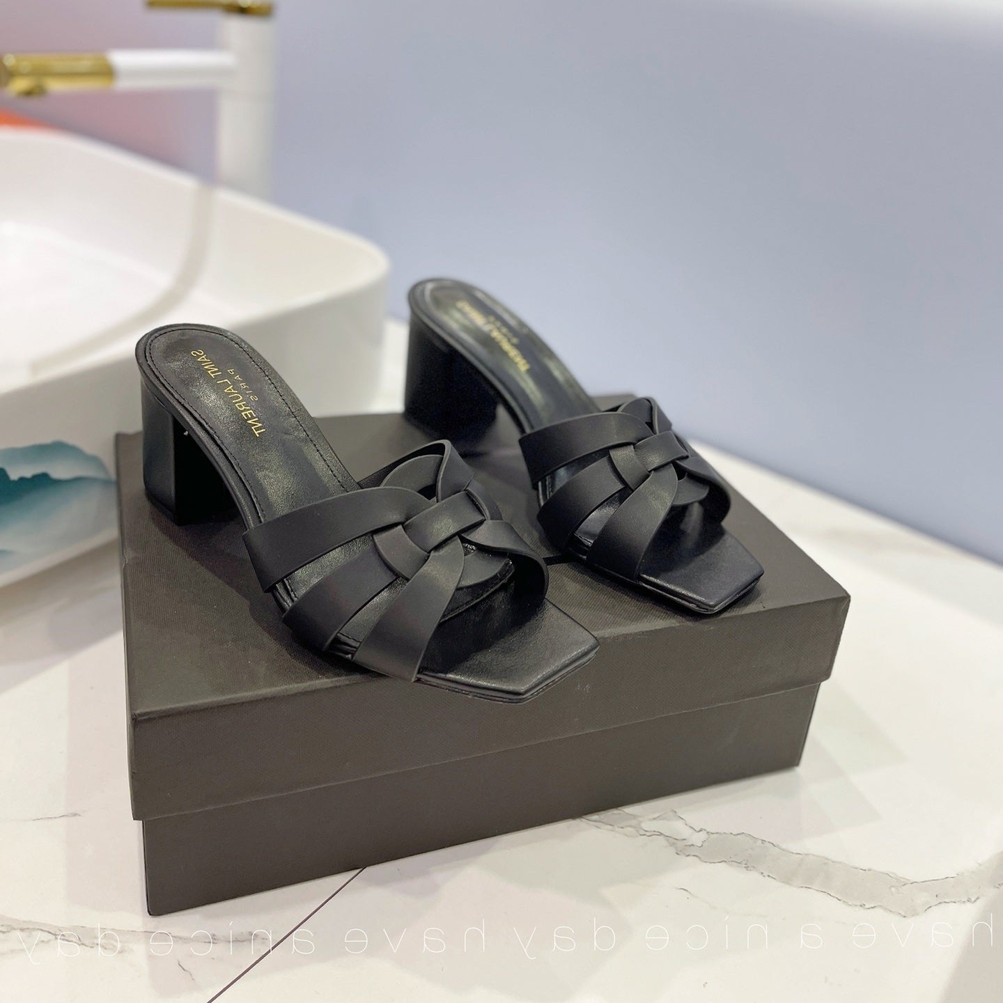 SL TRIBUTE MULES BLACK CALFSKIN - 34