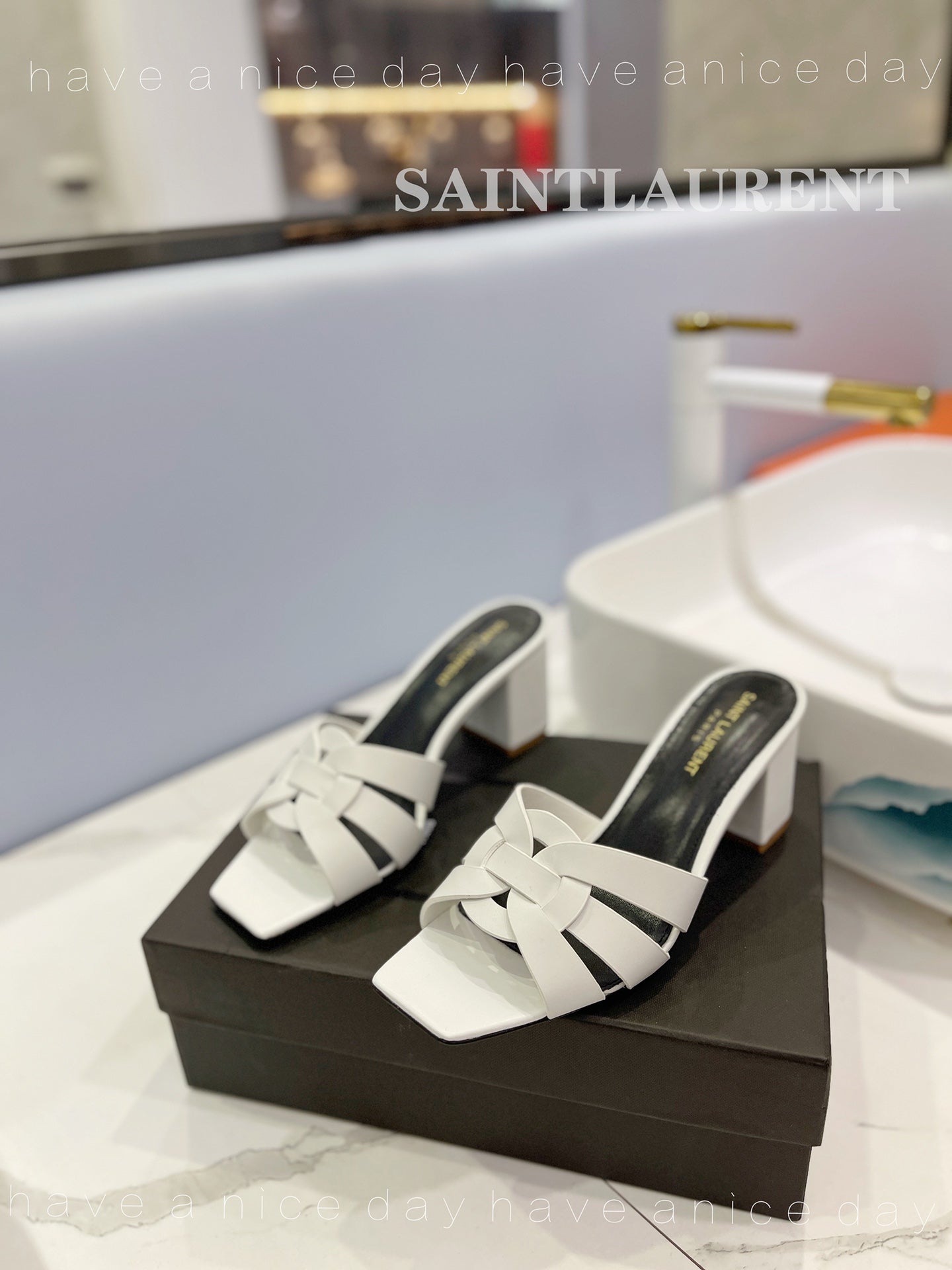 SL TRIBUTE MULES WHITE CALFSKIN - 34