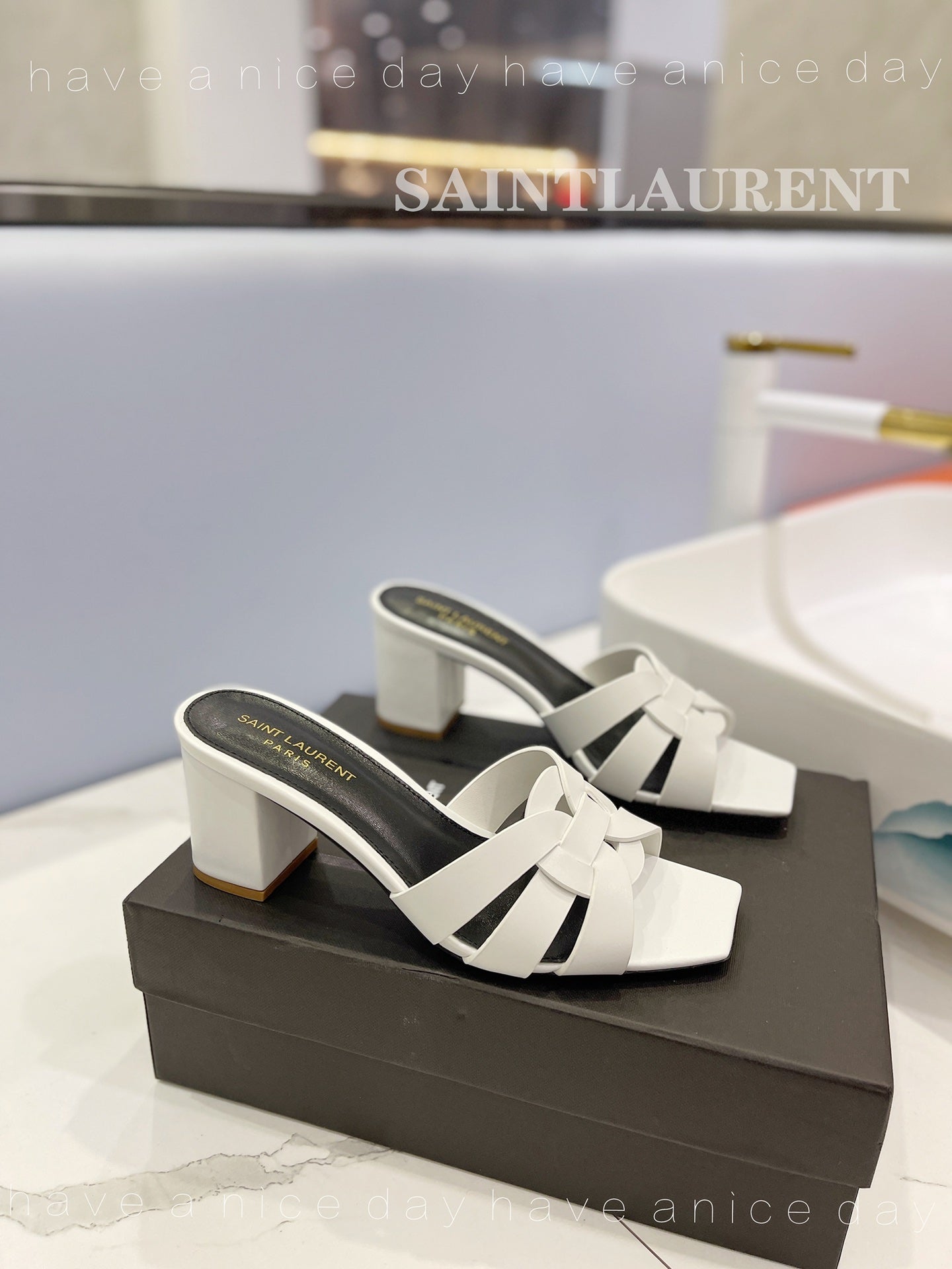 SL TRIBUTE MULES WHITE CALFSKIN - 34