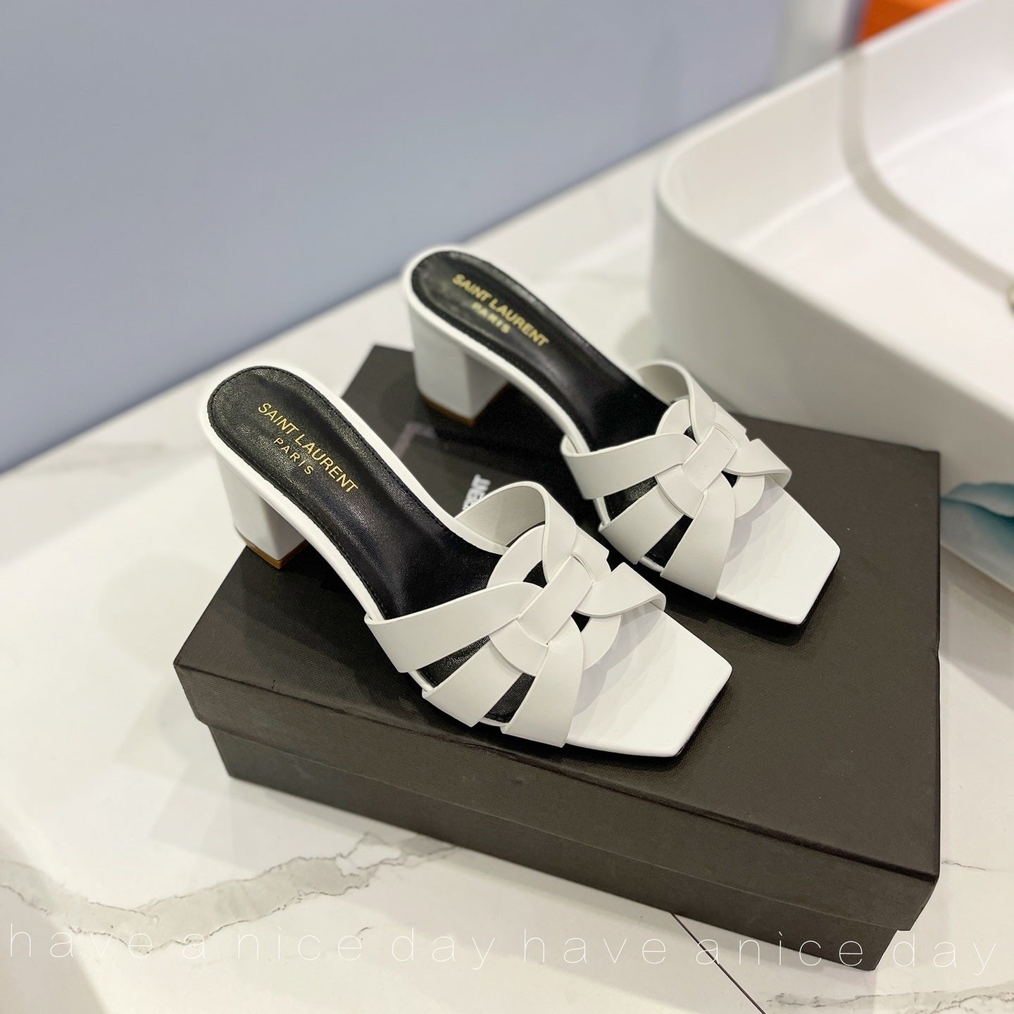 SL TRIBUTE MULES WHITE CALFSKIN - 34