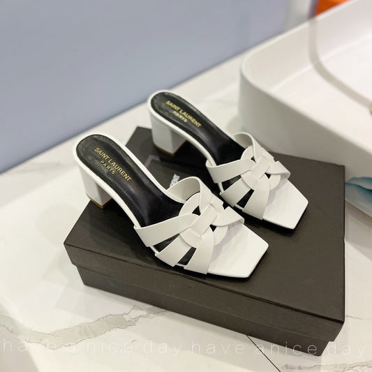 SL TRIBUTE MULES WHITE CALFSKIN - 34