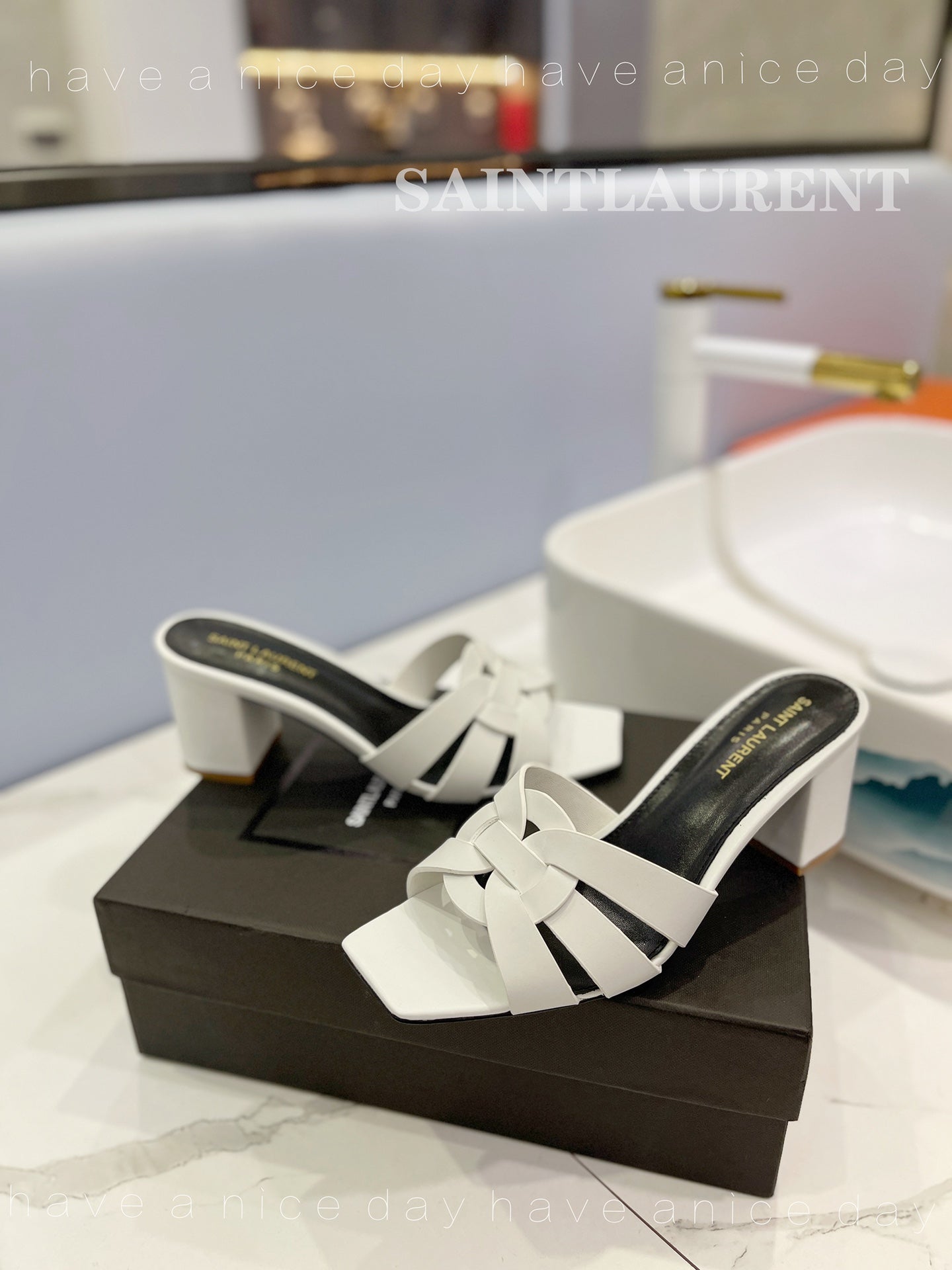 SL TRIBUTE MULES WHITE CALFSKIN - 34