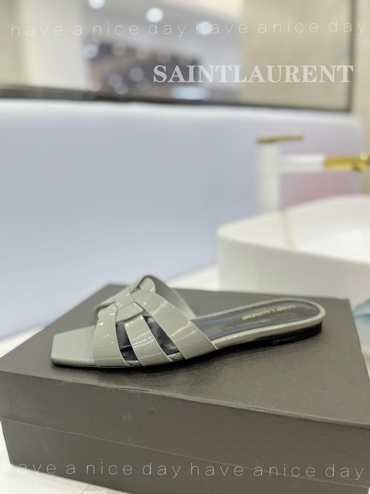 SL TRIBUTE SLIPPERS GLOSSY SAGE CALFSKIN - 34